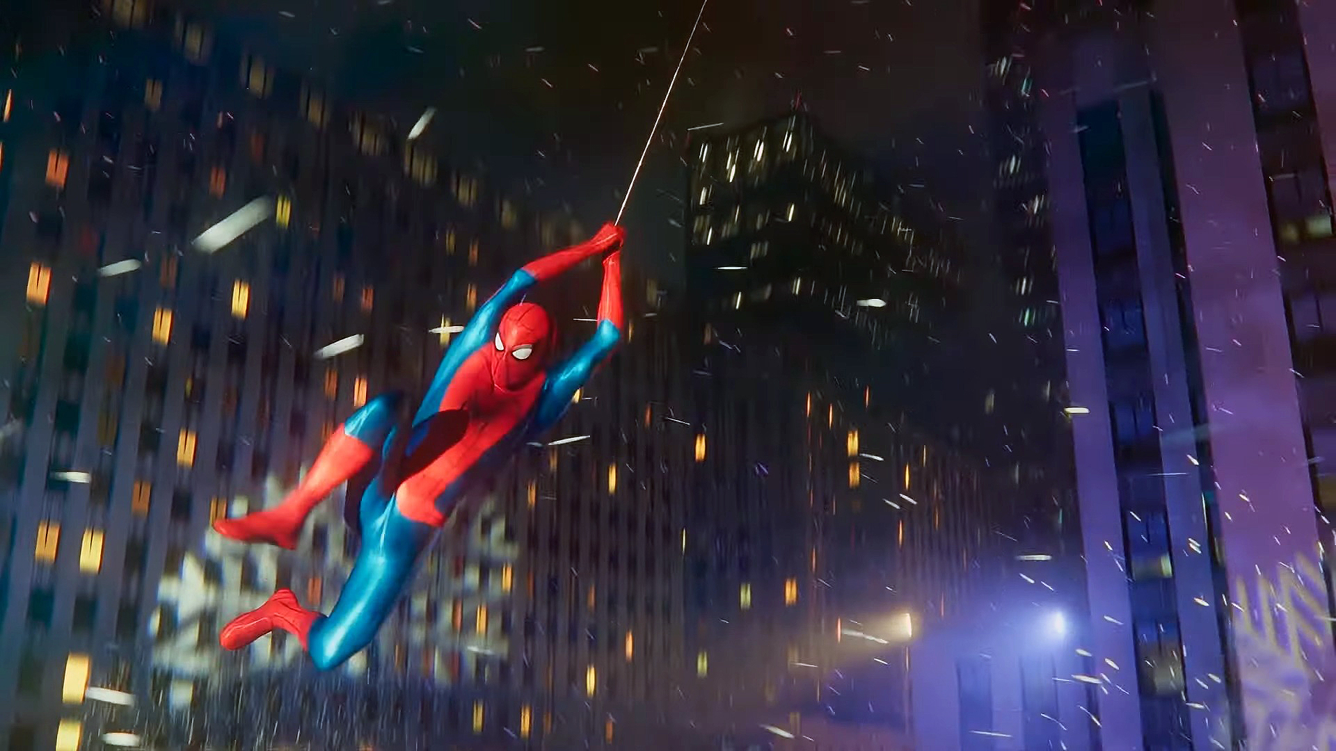 Spider-Man swings through New York City in his classic costume in an ending scene from Spider-Man: No Way Home