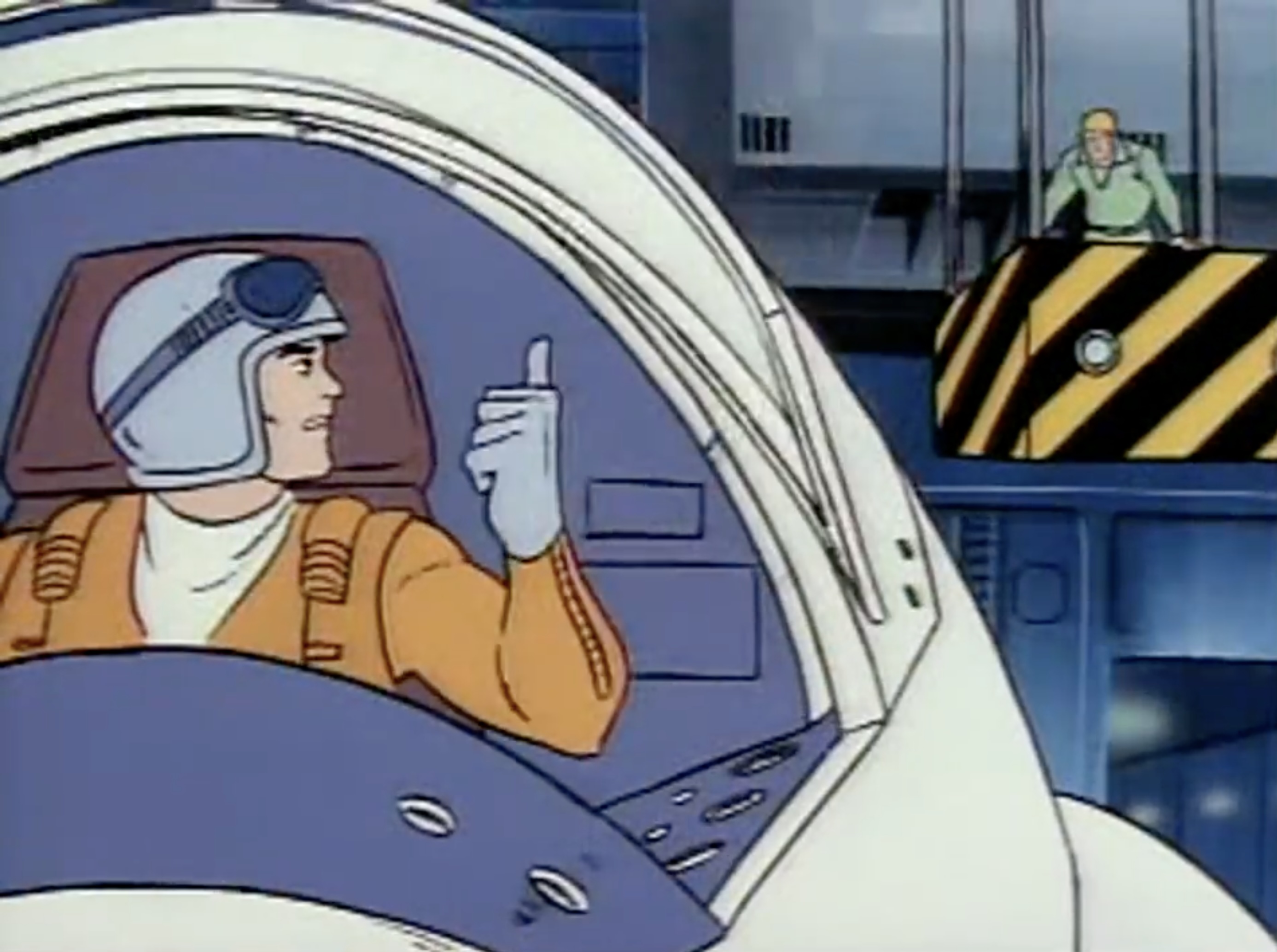 A screenshot from Voltes V shows an airplane pilot giving a thumbs up