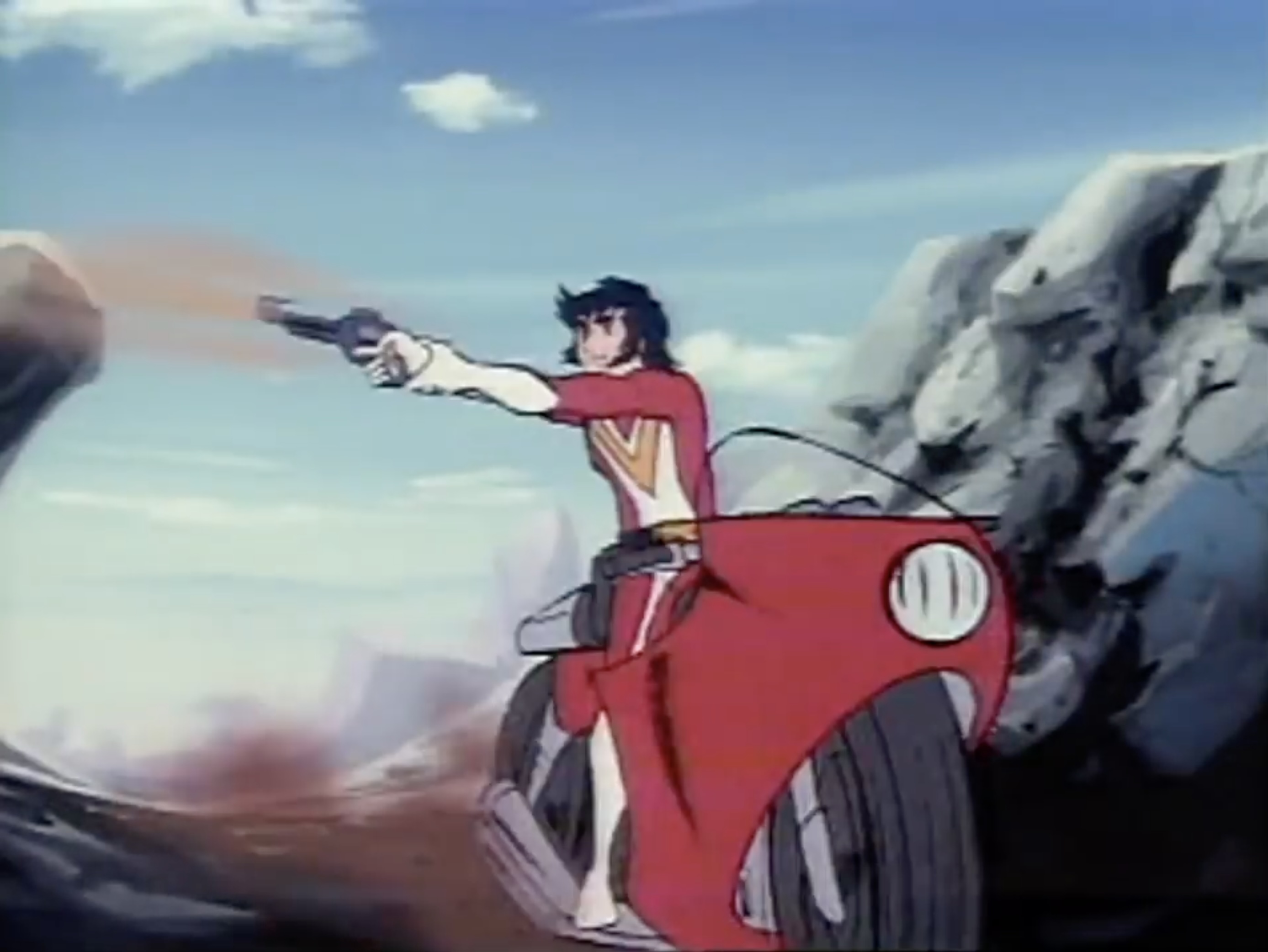 A screenshot from Voltes V shows a boy firing a pistol while riding a motorcycle