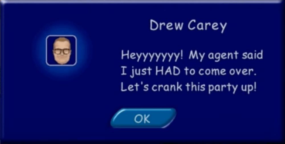 A screenshot from The Sims: House Party shows Drew Carey talking to the player when arriving at a party