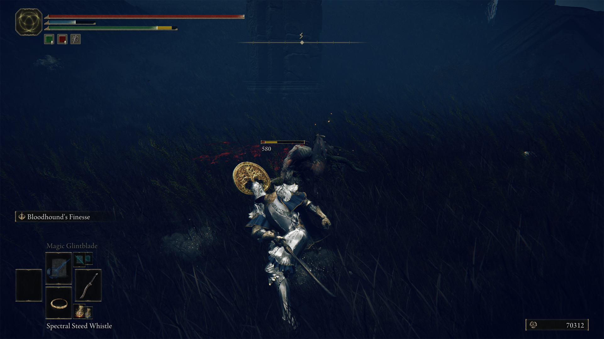 An Elden Ring player runs through a dark pond chasing after Endurance soft caps.