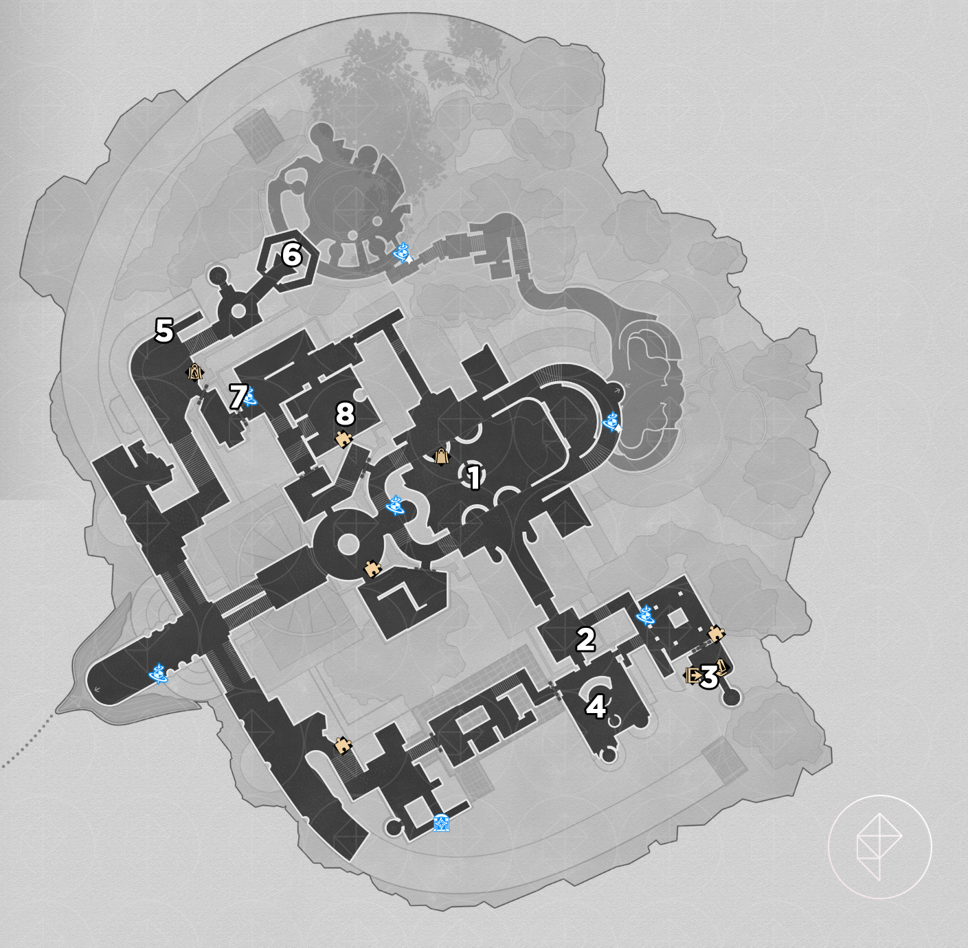 A map of the “Eternal Holy City” Okhema’s right side and lower floor in Honkai: Star Rail, numbering butterflies to find.