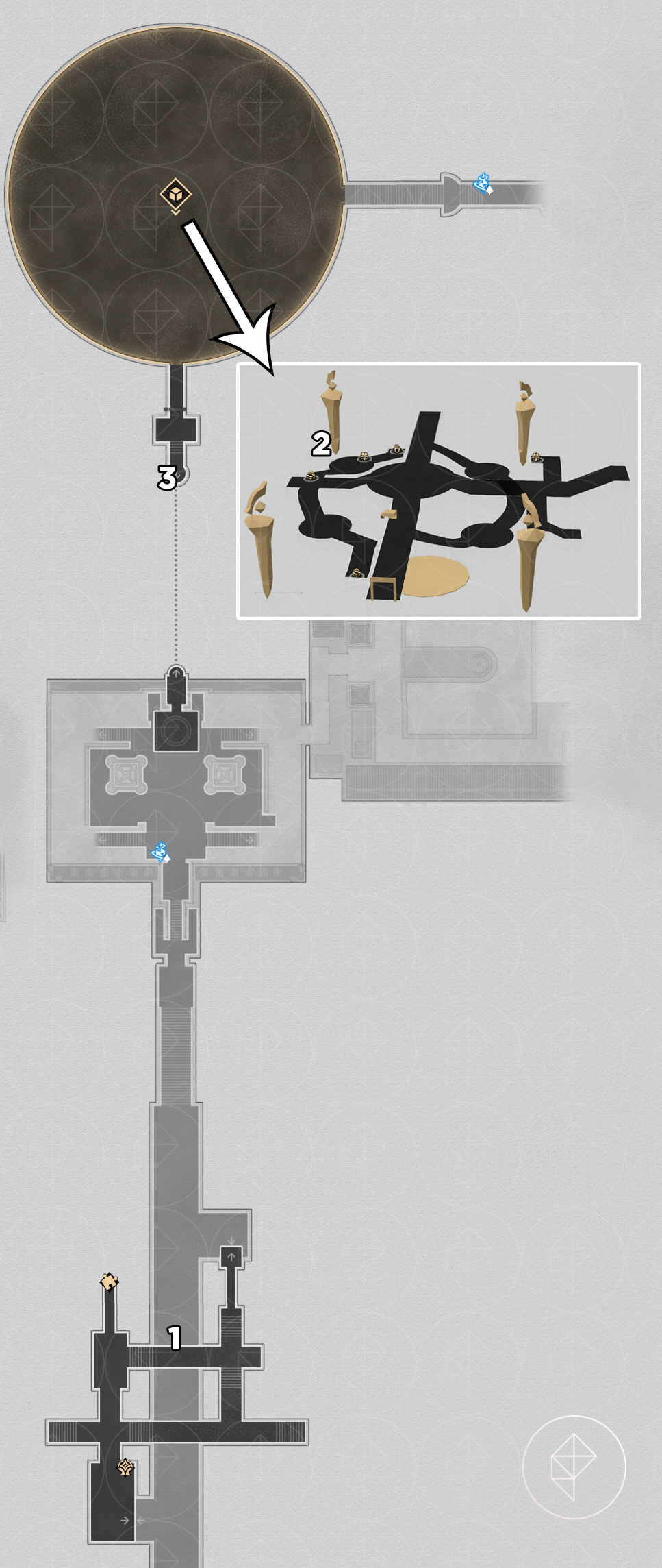 A map of the basement floor of “Bloodbathed Battlefront” Castrum Kremnos in Honkai: Star Rail, with numbers pointing out where to find beetles.