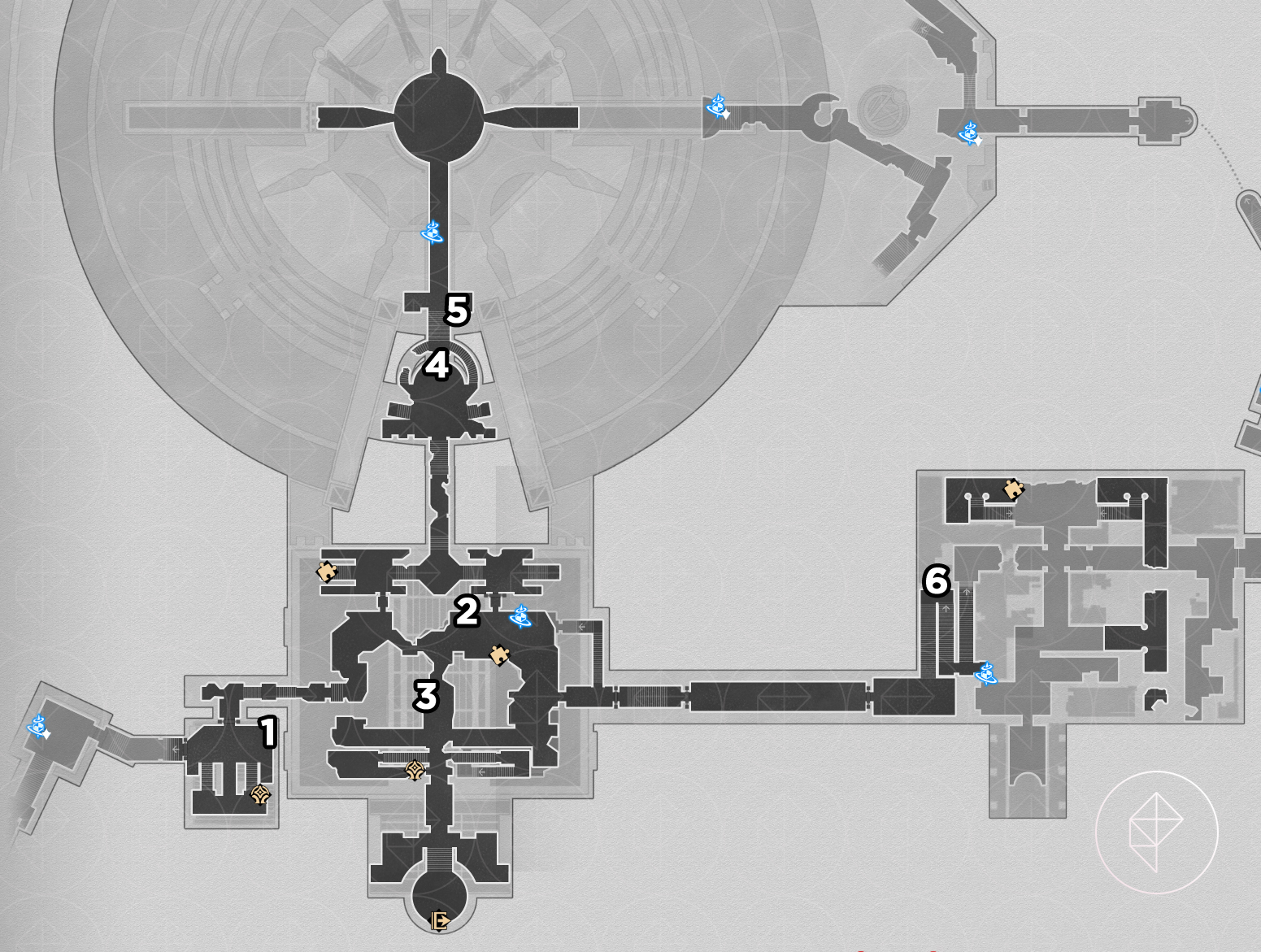 A map of the second floor of “Strife Ruins” Castrum Kremnos in Honkai: Star Rail, with numbers pointing out where to find beetles.