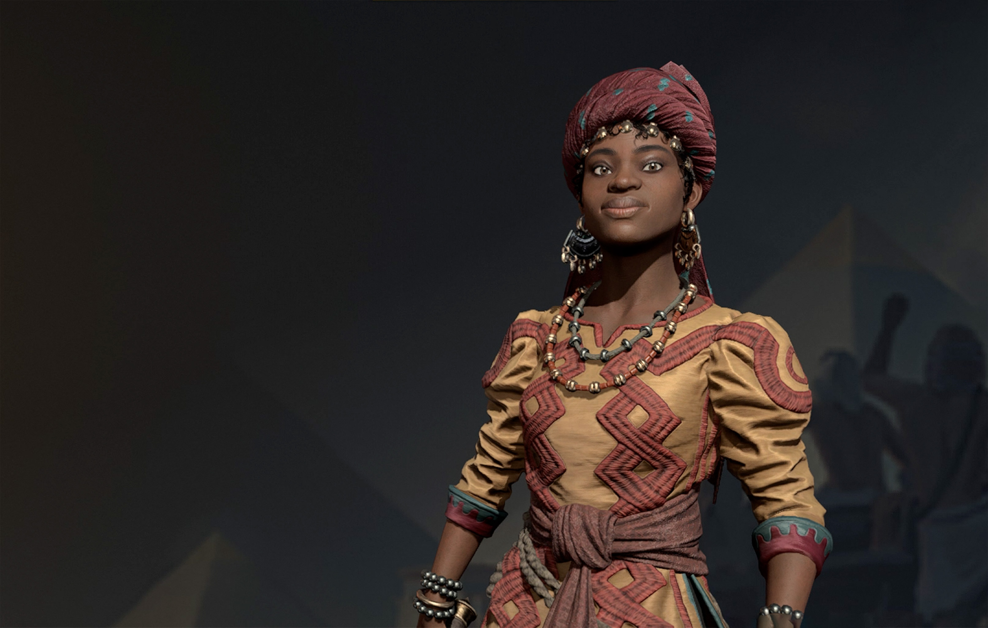 Amina stands in front of a black background as one of the leaders in the Civ 7 tier list