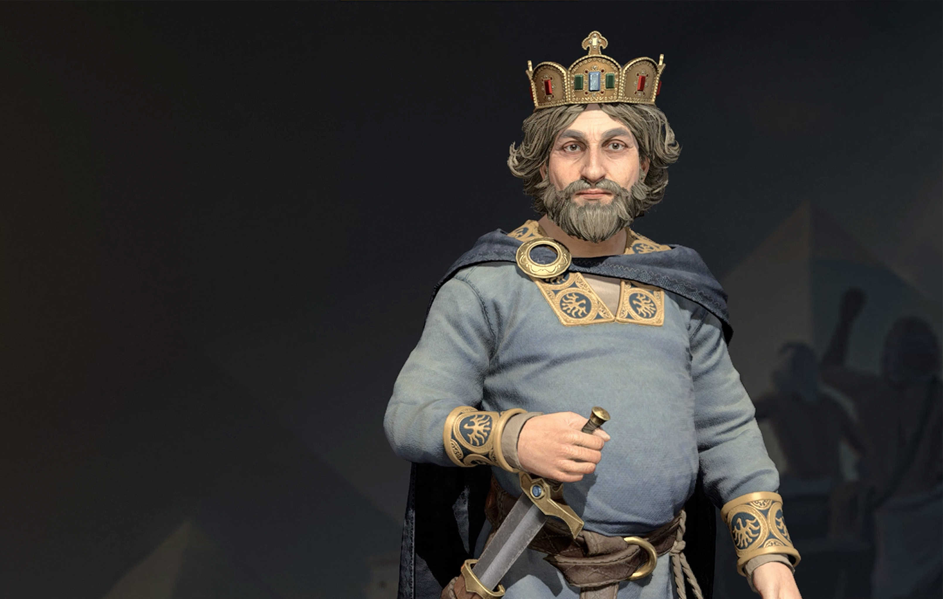 Charlemagne rests his hand on a sword as one of the leaders in the Civ 7 tier list