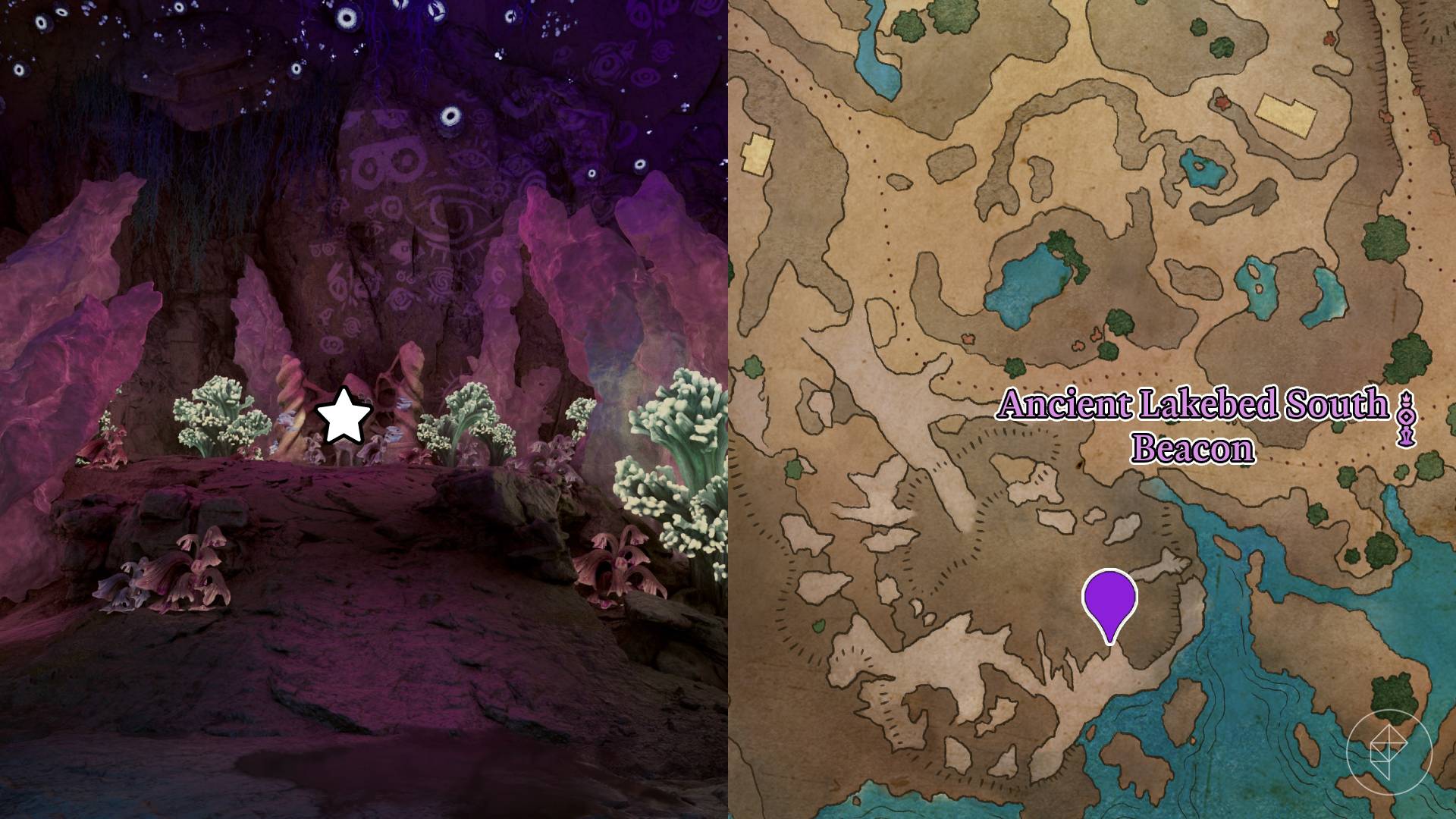 Location of the Totem of Revelation base marked on the map of Shatterscarp from Avowed.