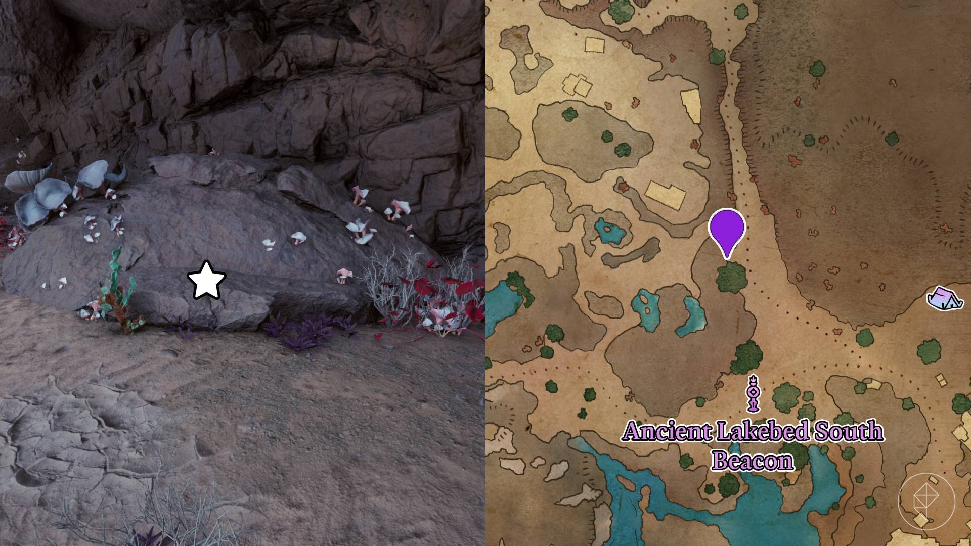 Location of the Amethyst Eye, a fragment of the Totem of Revelations from Avowed, marked on the map of Shatterscarp.