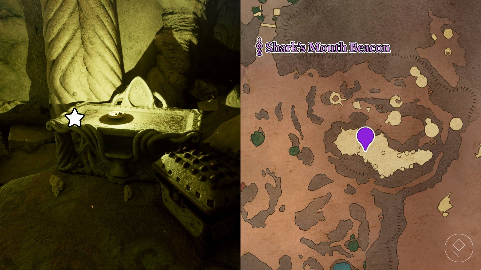 The location of the Agate Eye, a fragment of the Totem of Revelations from Avowed, marked on the map of Shatterscarp.