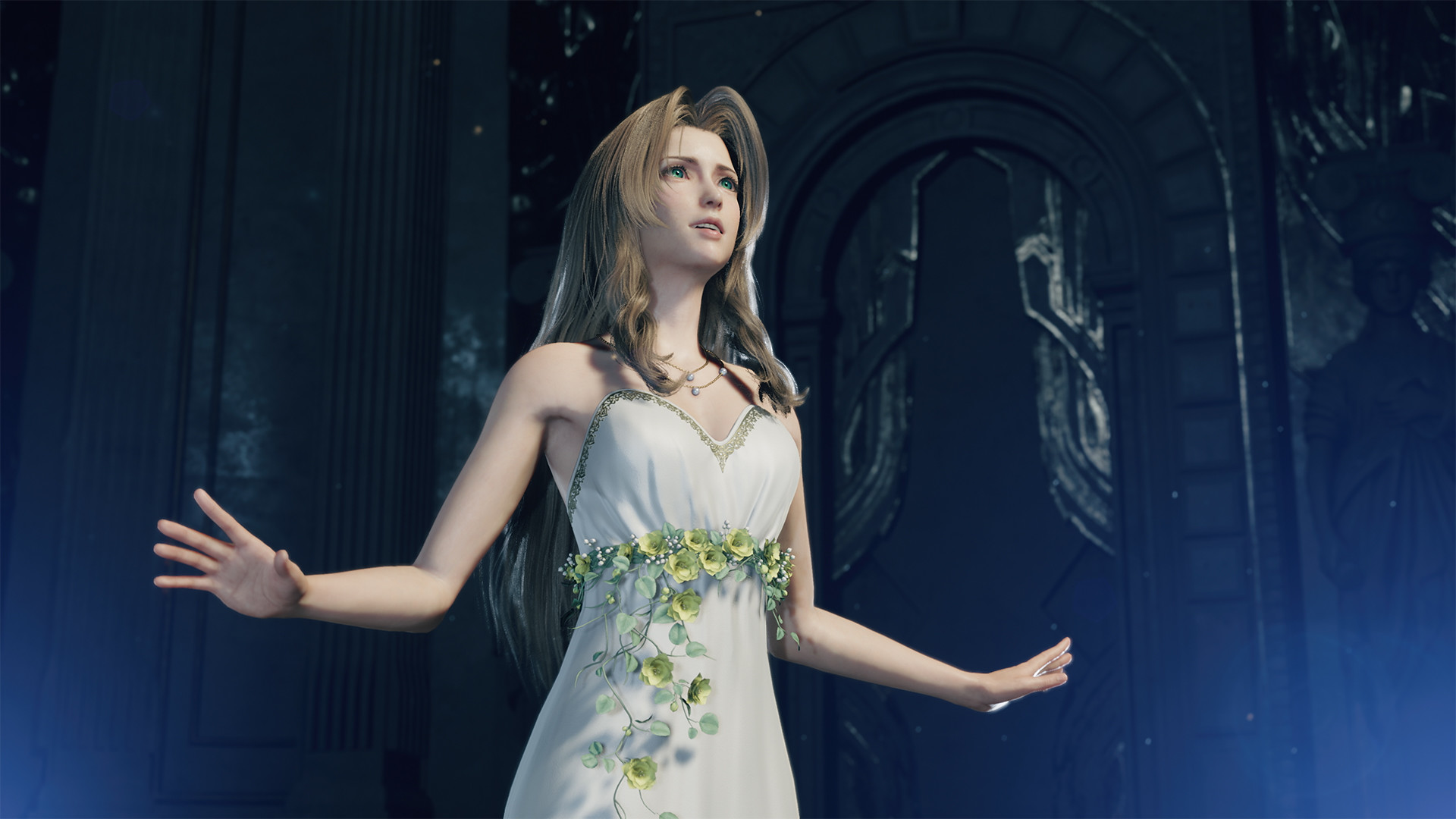 Aerith stands on stage with her arms sticking out to the side while singing at the Gold Saucer in Final Fantasy 7 Rebirth.