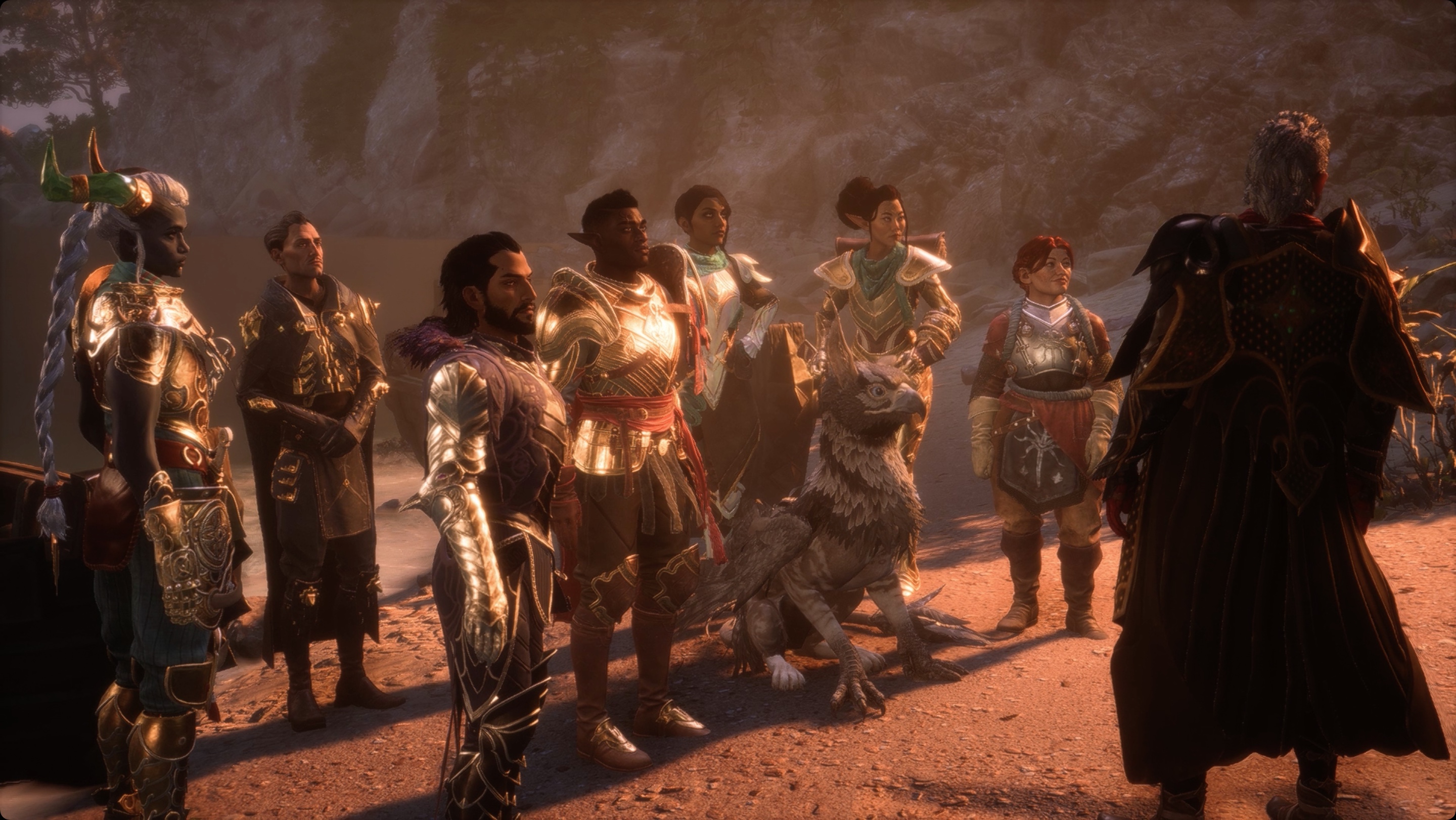 The various companions from Dragon Age: The Veilguard stand next to each other, looking solemn