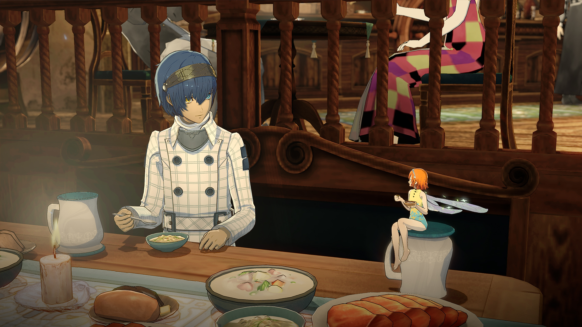 The protagonist of Metaphor: ReFantazio sits at a table eating a meal alongside his tiny fairy companion Gallica