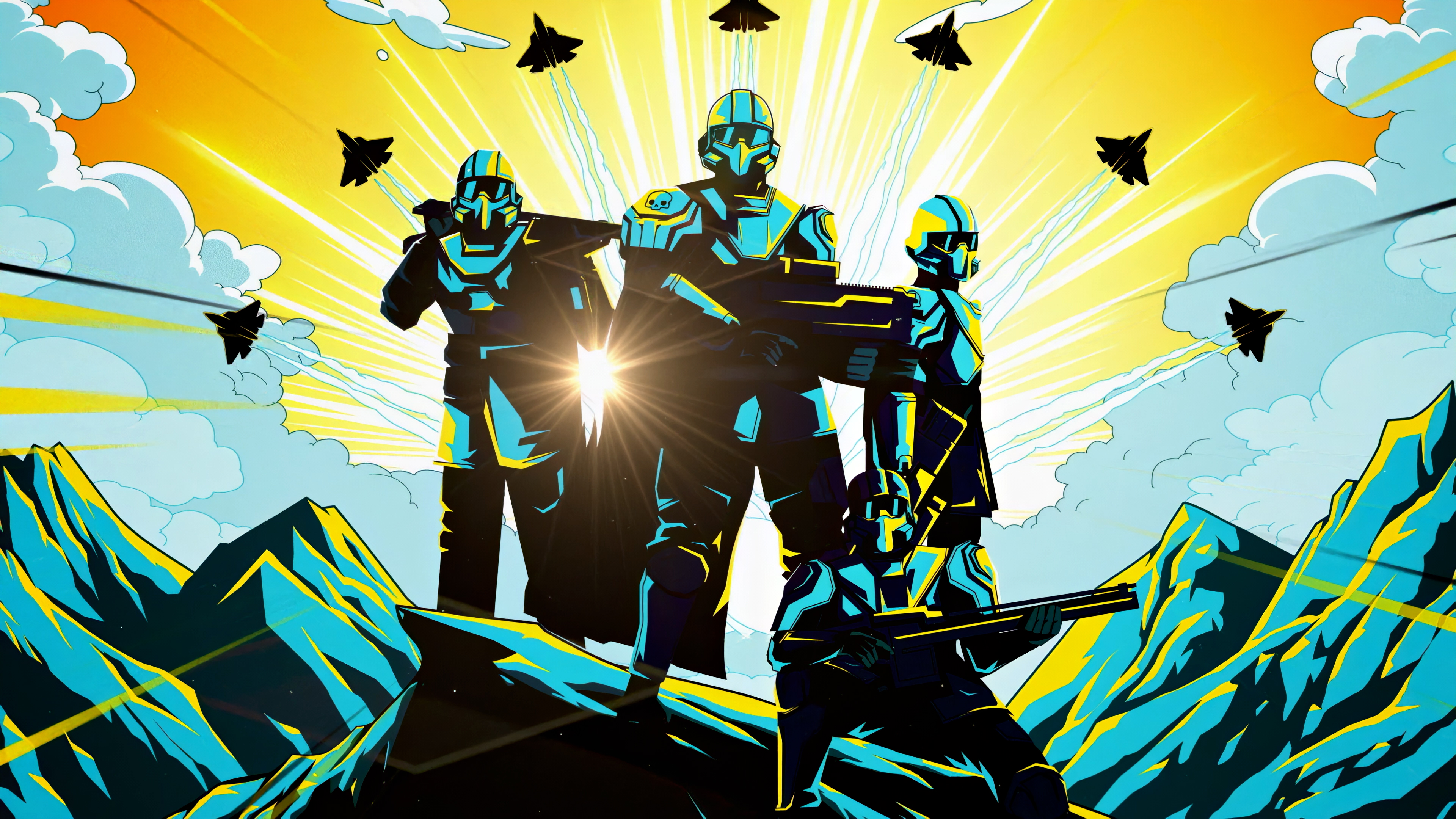 Promotional art for Helldivers 2 featuring multiple intergalactic soldiers in full armor, holding rifles