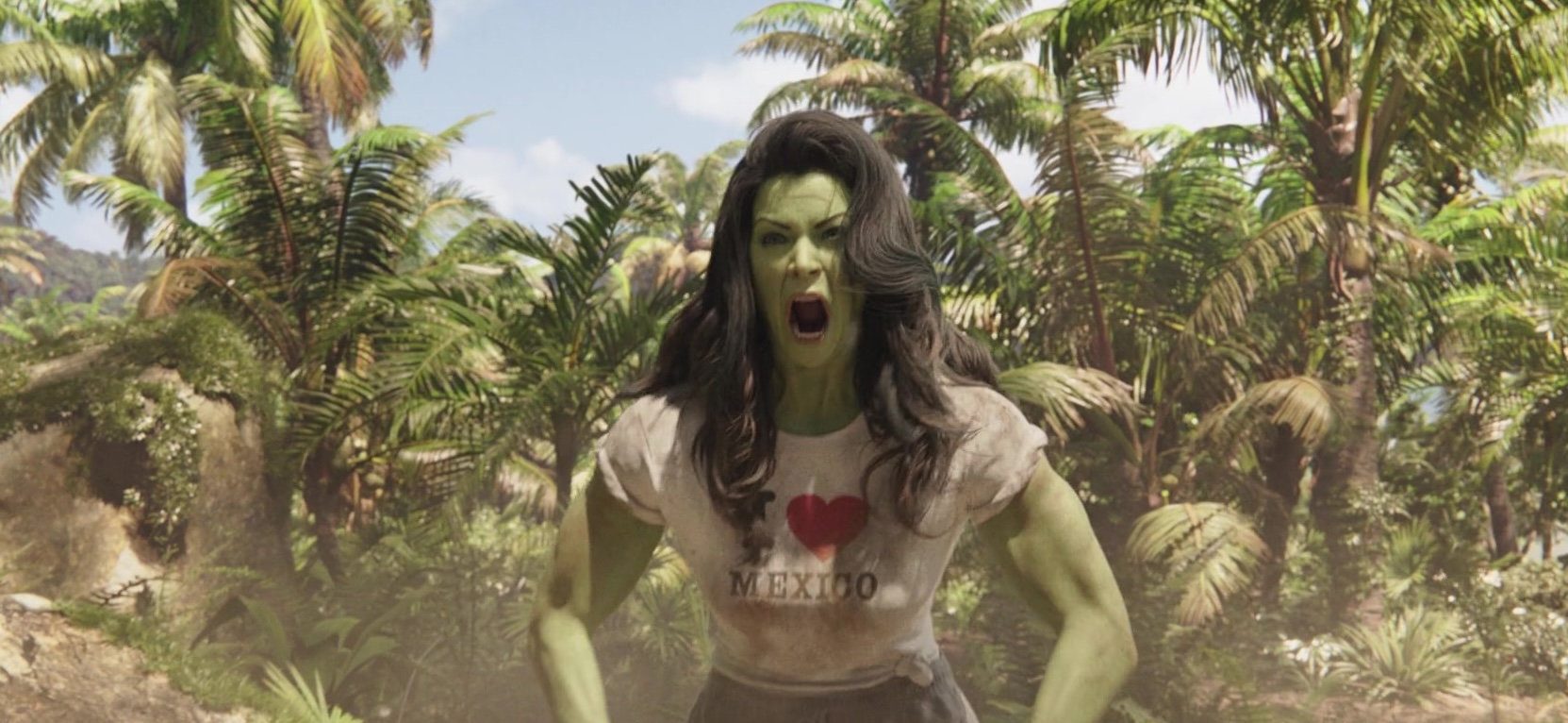 She-Hulk wears an I Heart Mexico shirt while screaming in a tropical locale