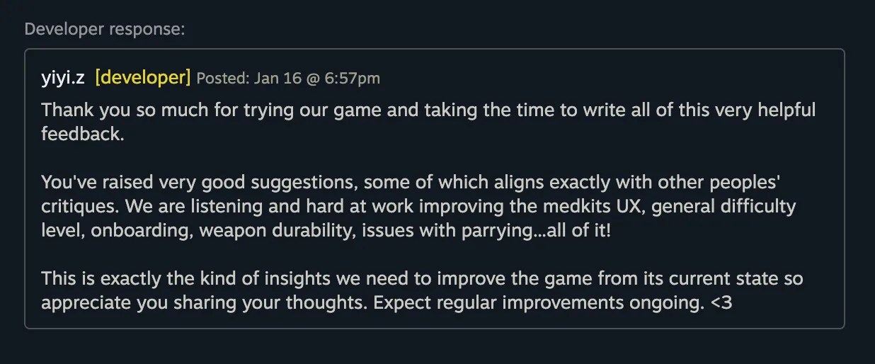 A screenshot of a Hyper Light Breaker dev responded to a review on Steam to thank the person for writing it