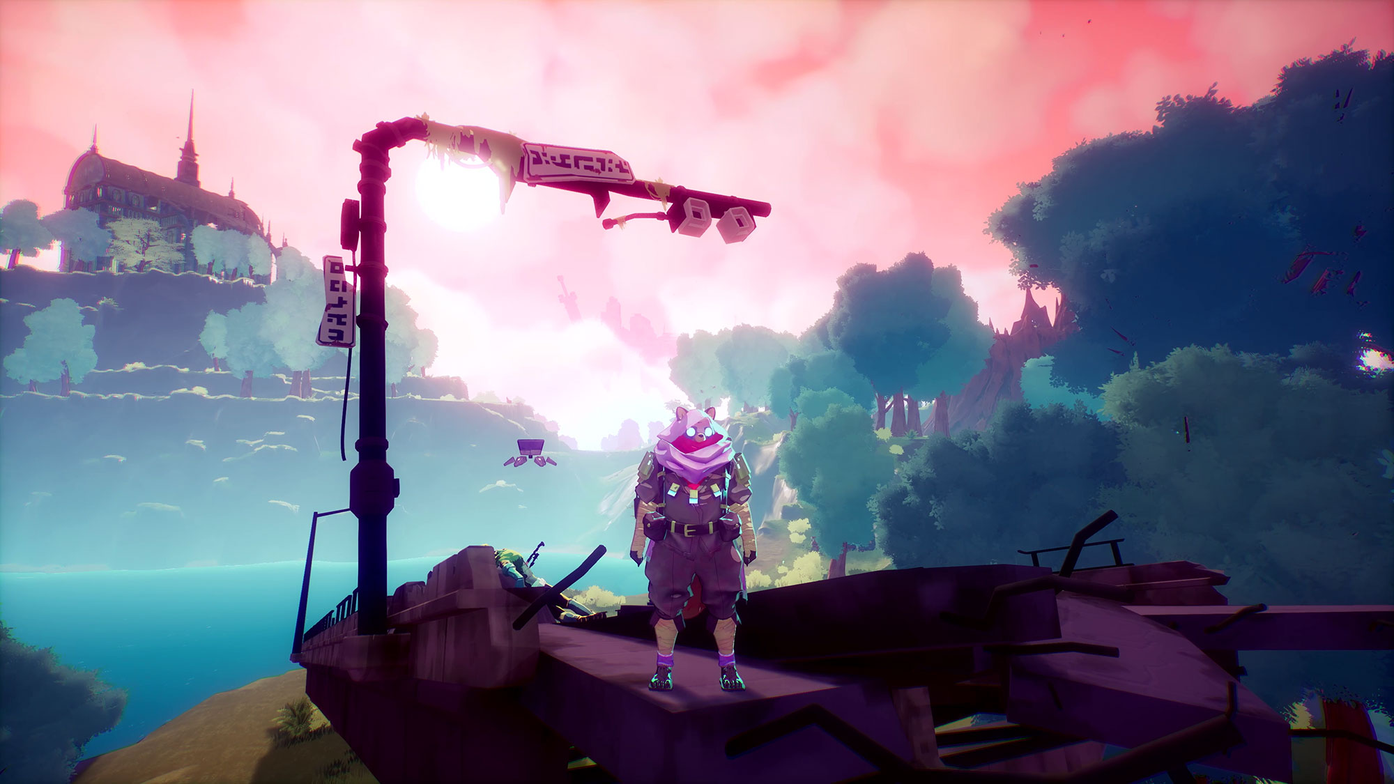 A screenshot from Hyper Light Breaker depicting a fox-like humanoid character facing the viewer, standing under what looks like a dilapidated street light, on a cliff overlooking woodsy wilderness