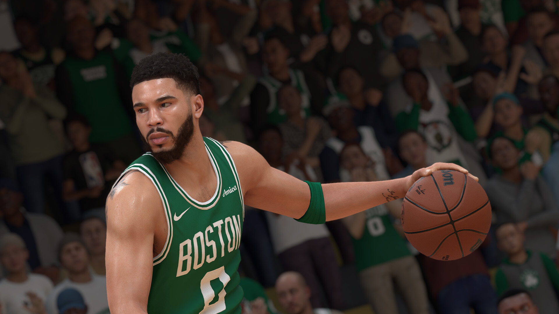 A Boston Celtic player from NBA 2K 25 dribbling a basketball