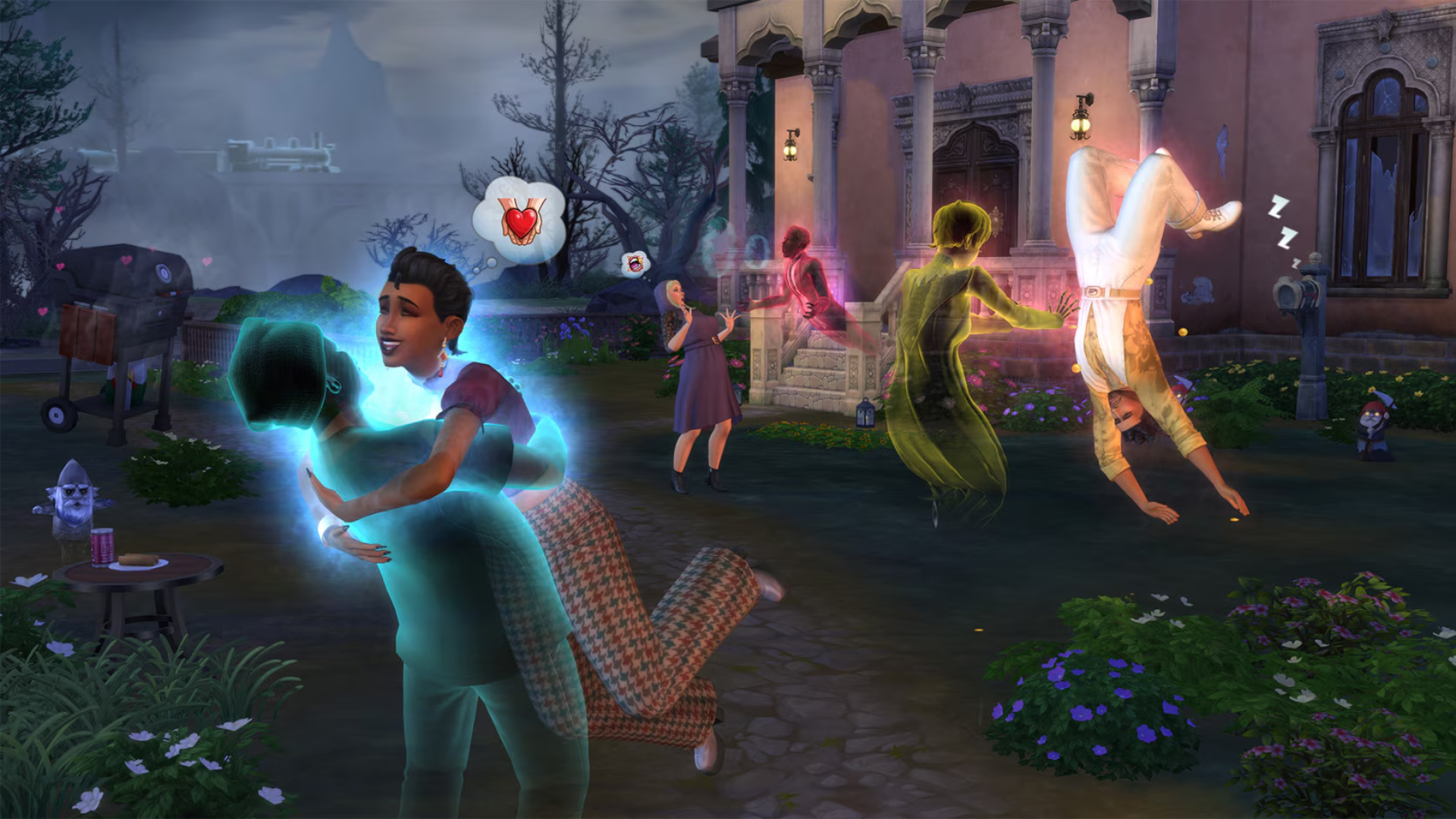 Three Sims in The Sims 4’s Life and Death expansion interact with ghosts outside a stately manor. One hugs a ghostly lover, one is being pulled out of the home while he slumbers, and one is startled by the appearance of a ghost.