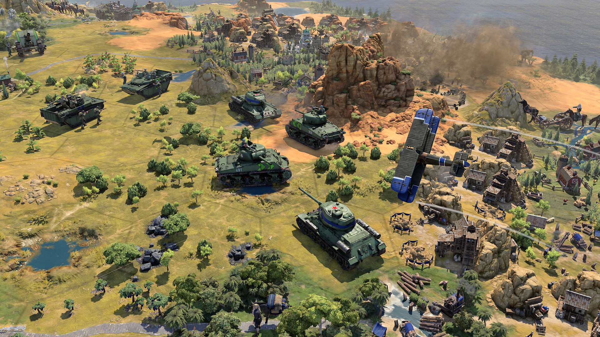 An isometric view of a civilization with a bunch of tanks in Civ 7