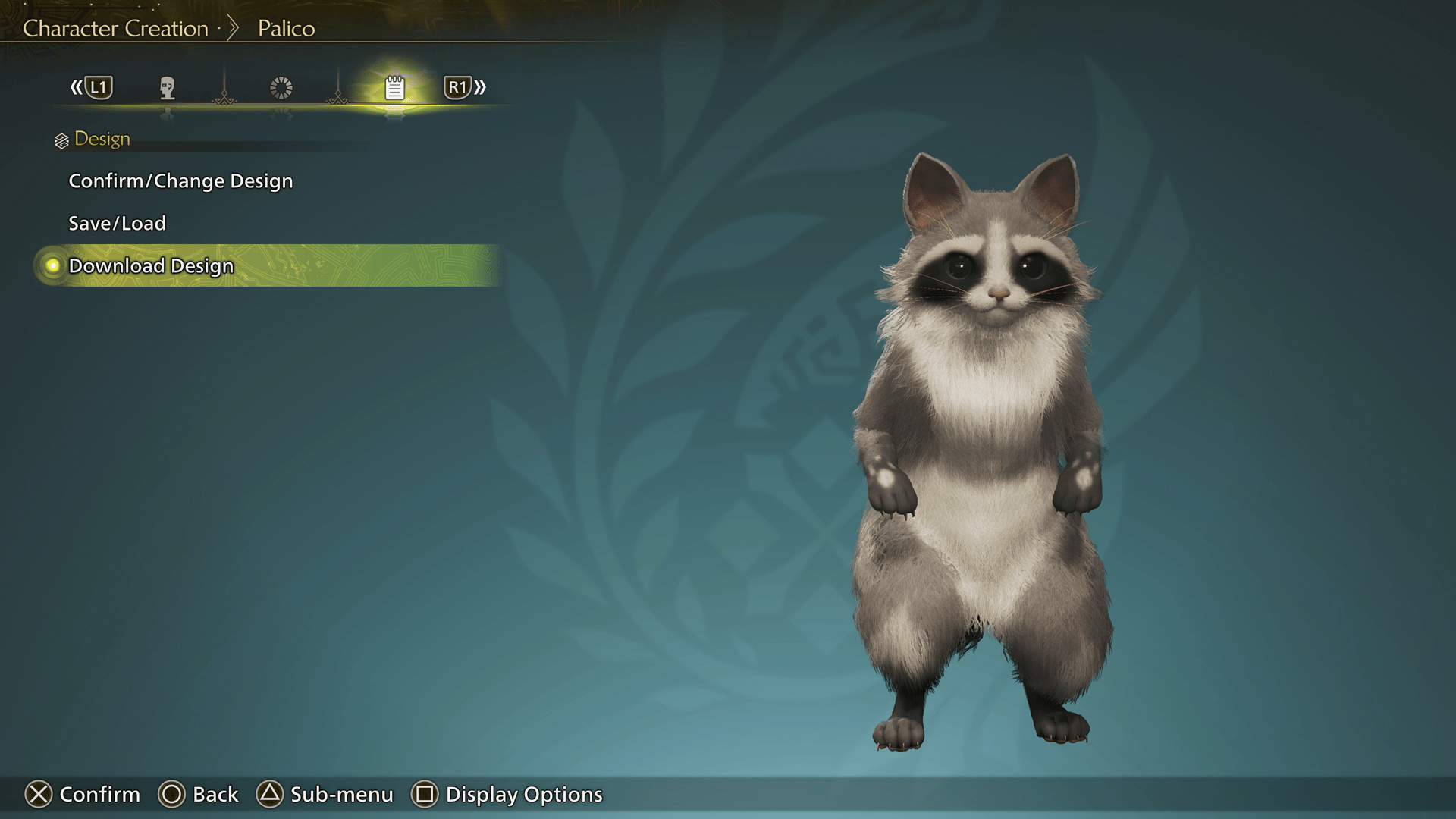 An image showing a raccoon in the Palico editor in Monster Hunter Wilds.