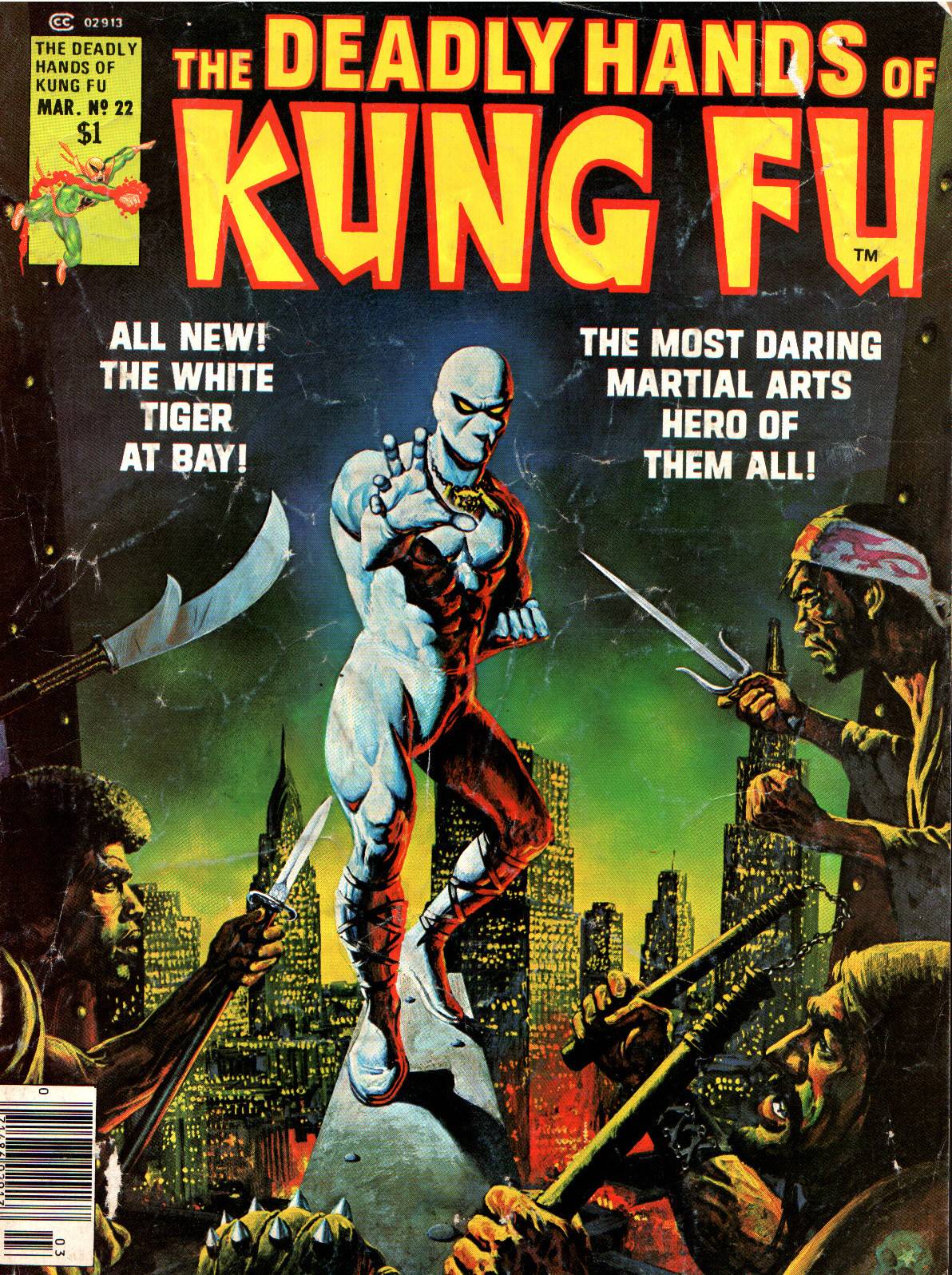 The White Tiger poses with hands ready on the cover of The Deadly Hands of Kung Fu #22. It seems that a street gang armed with various East Asian style weapons have cornered him on a protruding steel girder somewhere high on a sickly green Manhattan skyline.