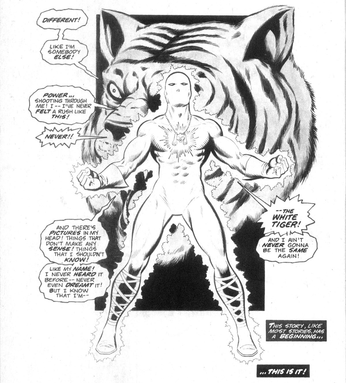 Hector Ayala, newly clad in the white suit of the White Tiger, his form superimposed over a drawing of a snarling tiger’s face, marvels a his new strength and knowledge. “And there’s pictures in my head! […] Things that I shouldn’t know! Like my name! I never heard it before […] But I know that I’m the White Tiger!” A narration box reads: “This story, like most stories, has a beginning… this is it!” From The Deadly Hands of Kung Fu #19.