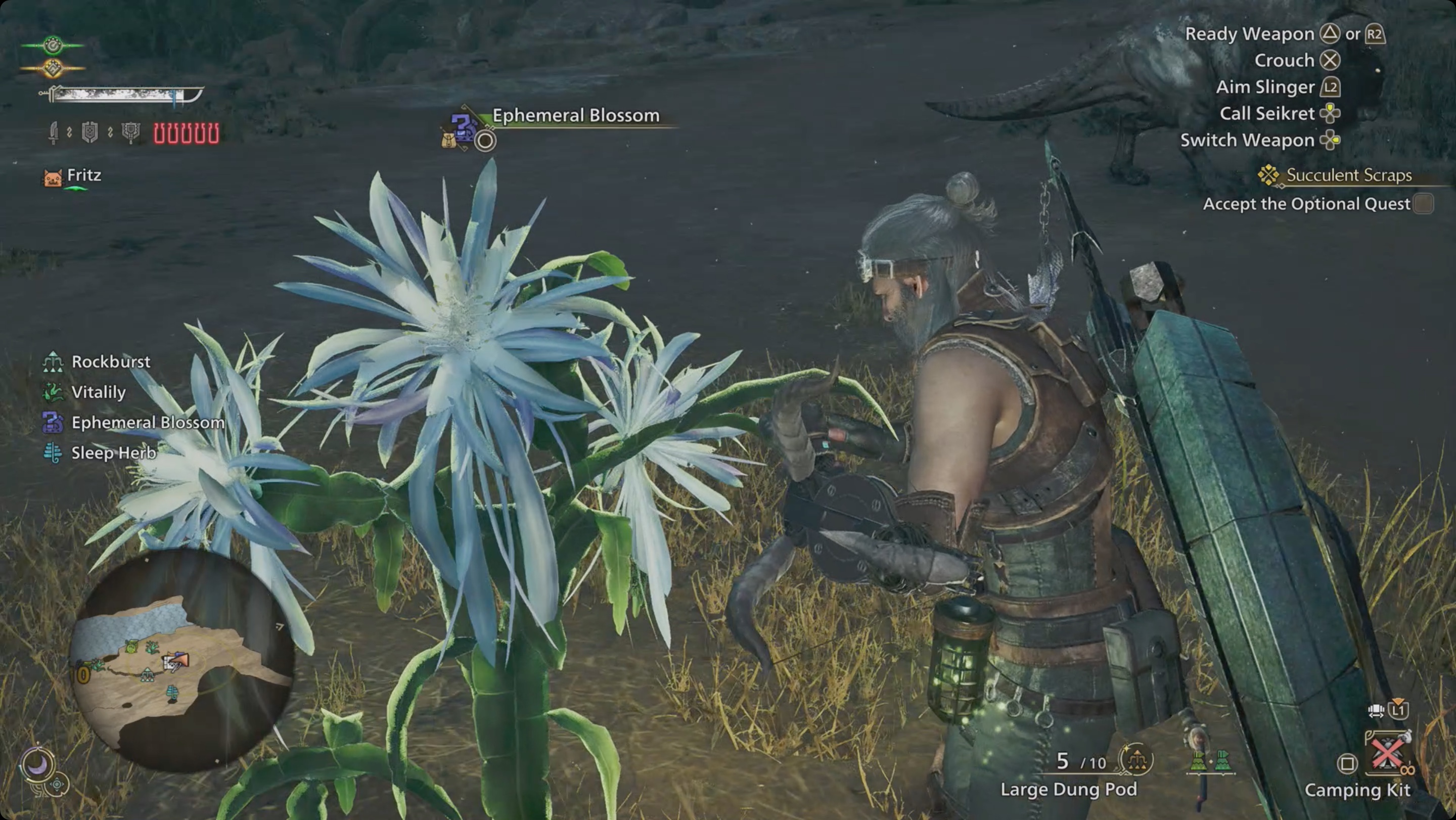 Monster Hunter Wilds collecting nightflower pollen from an ephemeral blossom