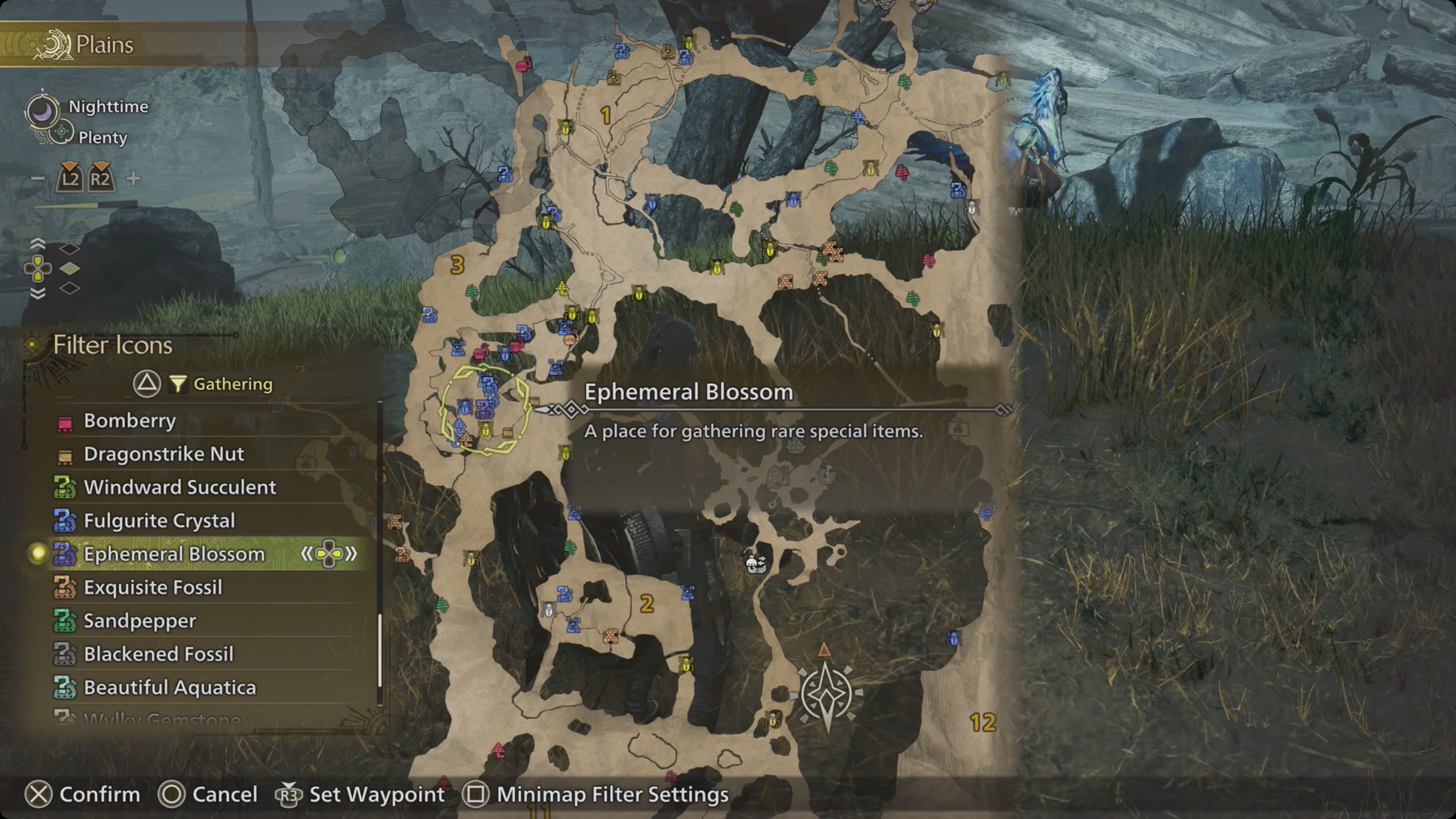 Monster Hunter Wilds tracking an ephemeral blossom with the map