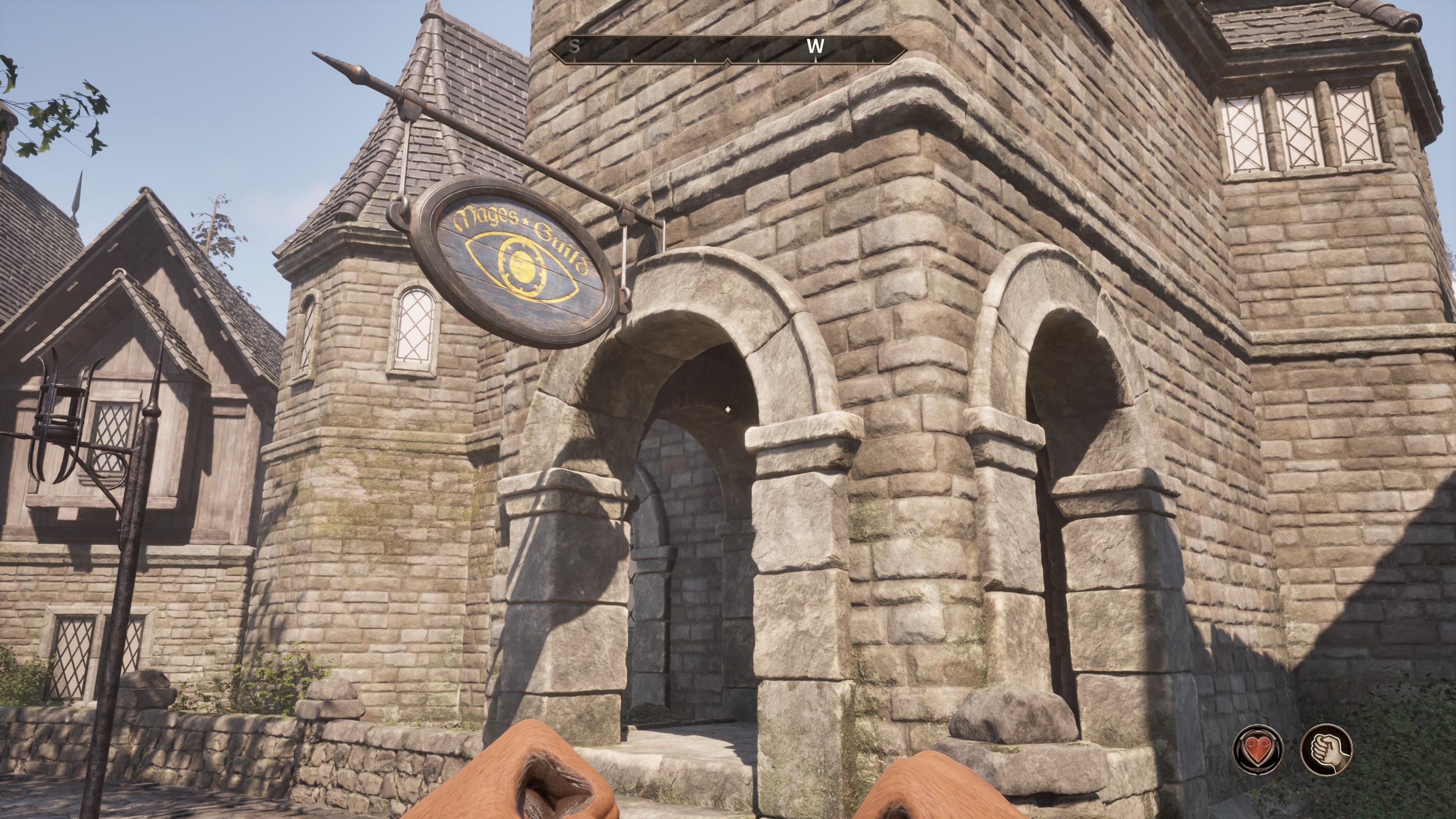 The mages guild sign hangs over the entrance to all Oblivion Remastered factions building