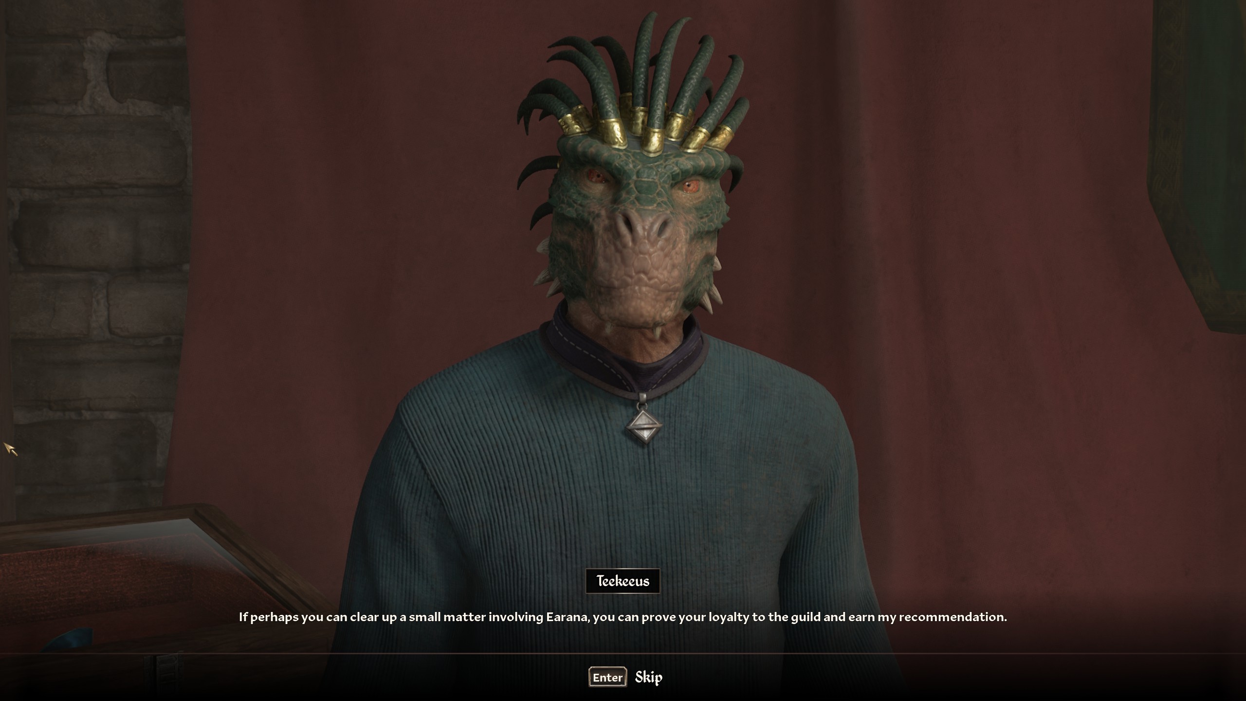 Teekeeus stands in front of a red drape and talks about Oblivion Remastered all factions