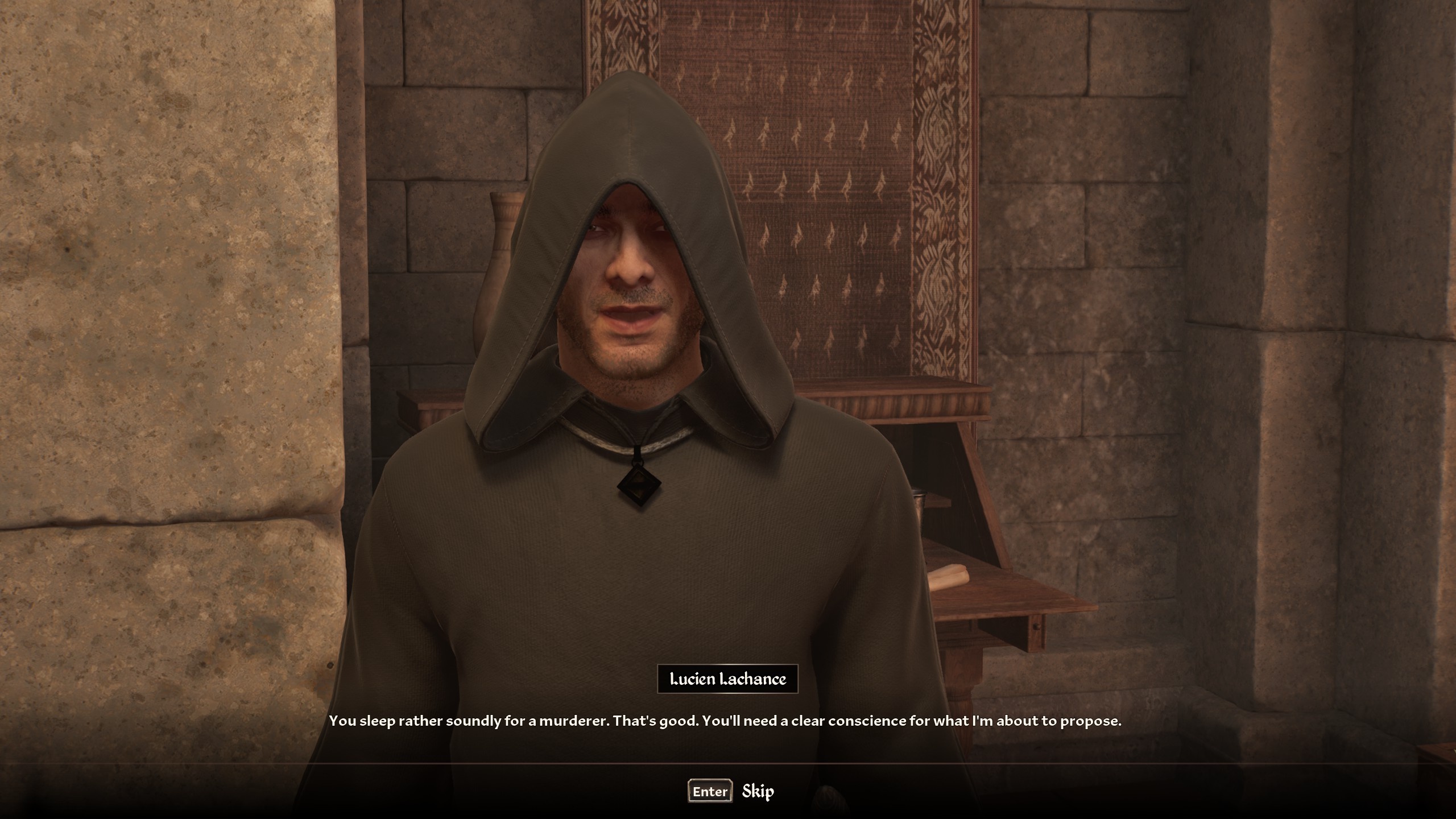 Lucien stands in front of a desk and talks about the Dark Brotherhood as one of all factions in Oblivion Remastered