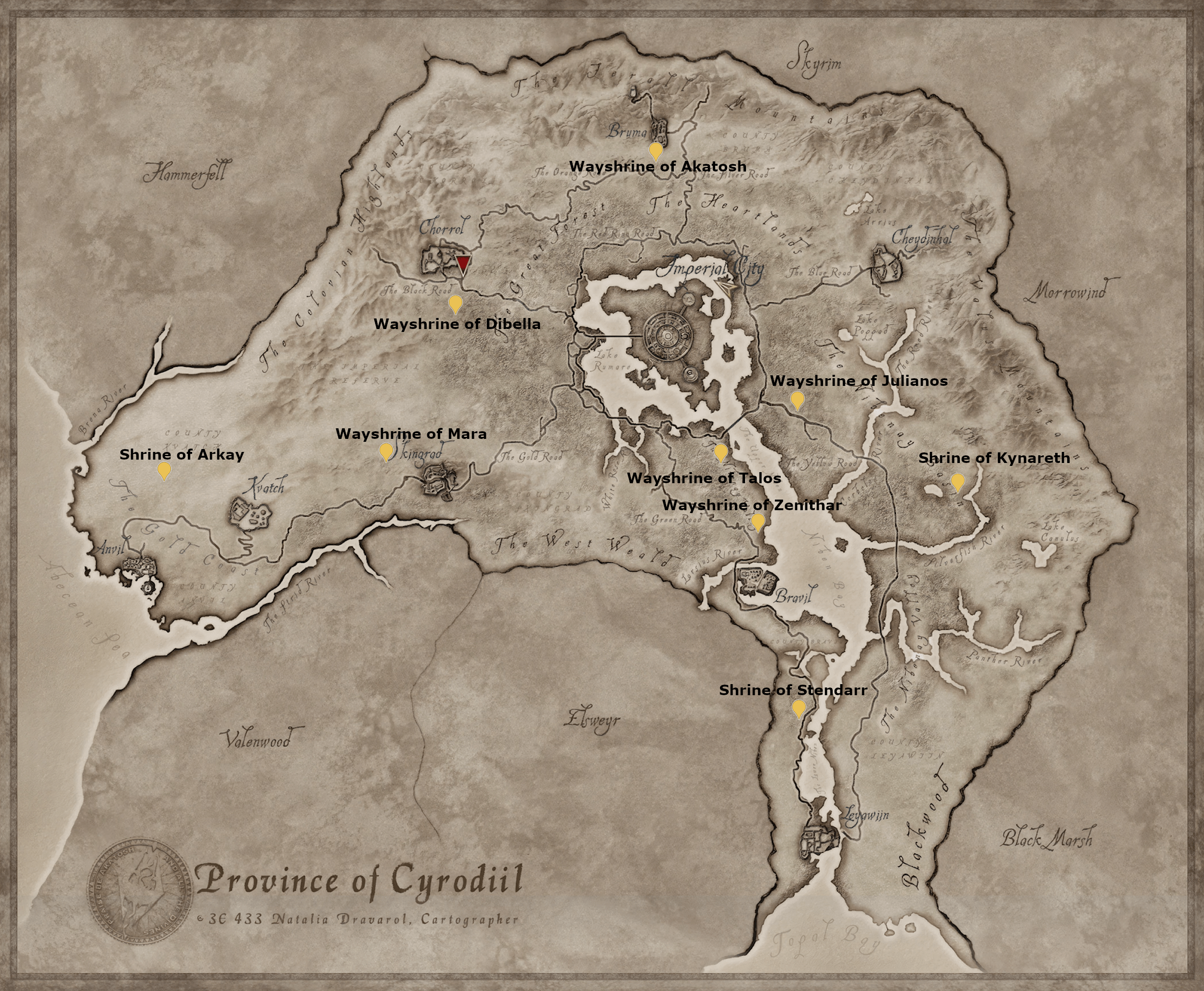 A map shows where to find all wayshrines in Pilgrimage in Oblivion Remastered