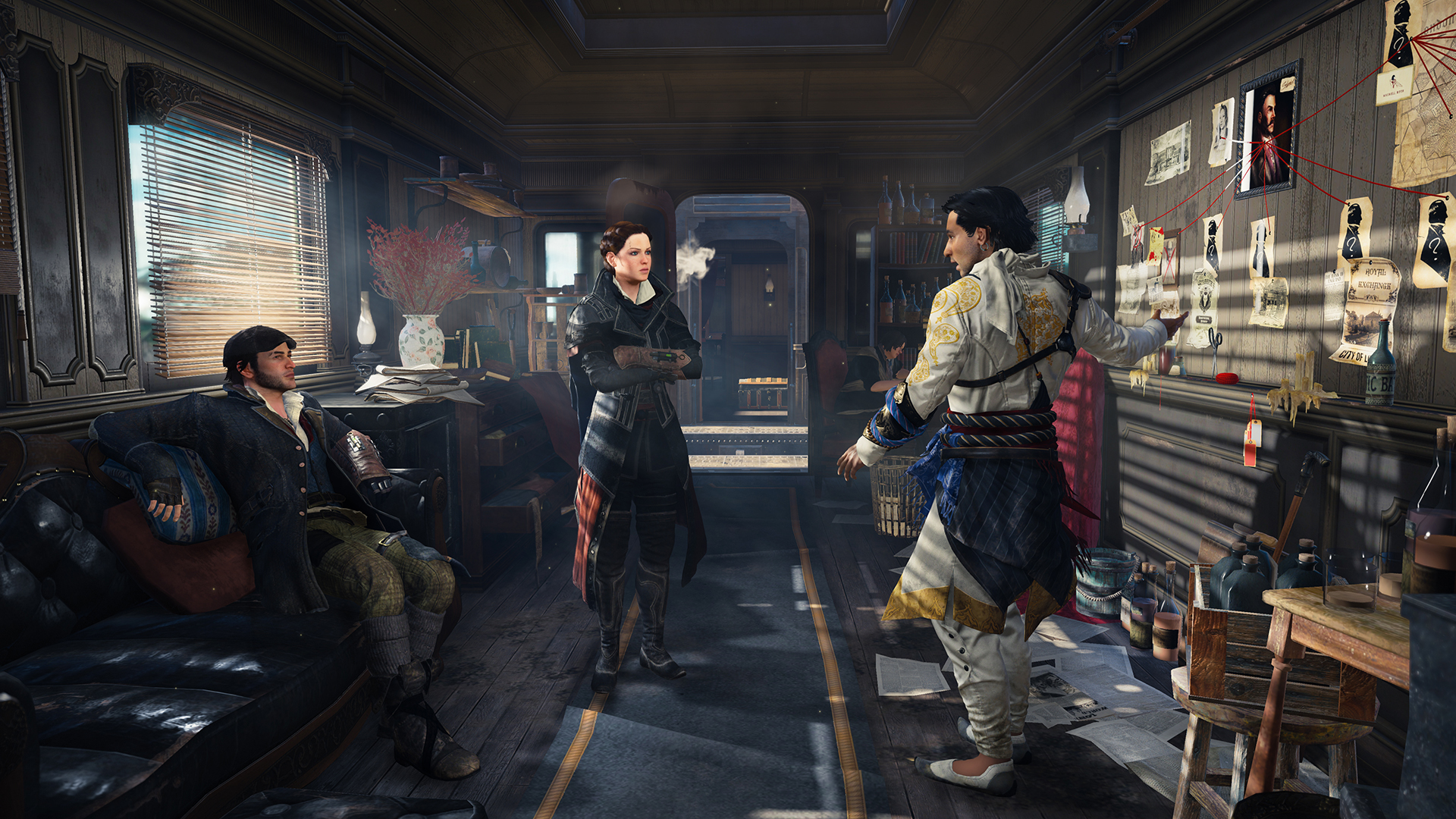 Jacob, Evie, and Henry scheming in their train.