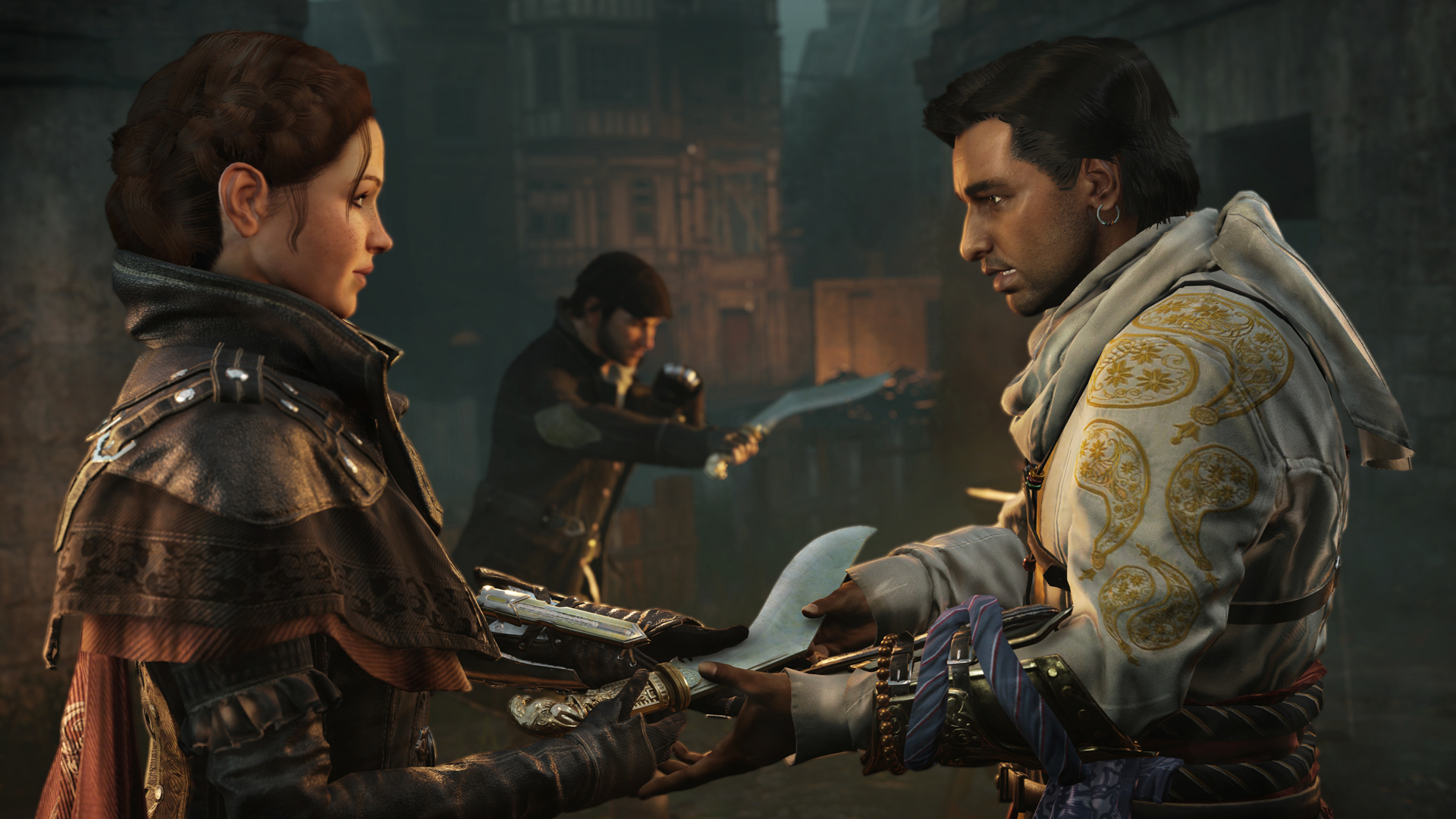 Evie Frye and Henry Green bonding over artifacts while Jacob enjoys his big knife in the background.