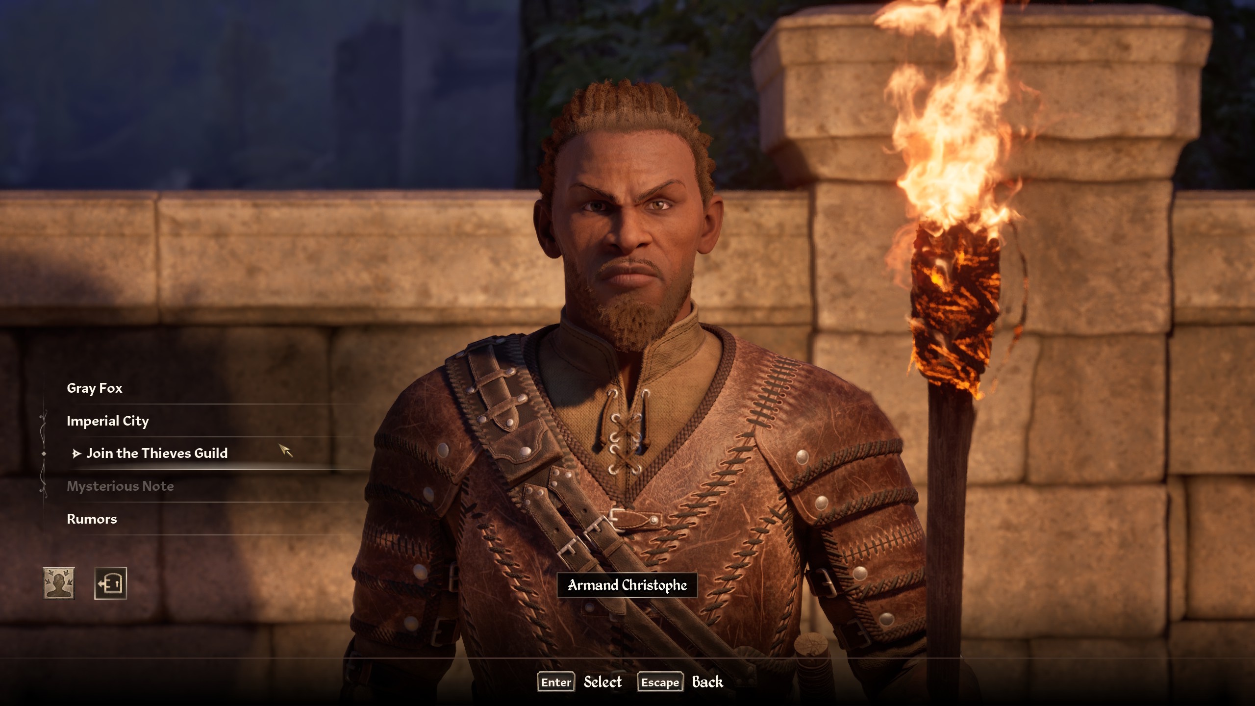 Armand stands in front of a brick wall while Oblivion Remastered player joins the Thieves Guild
