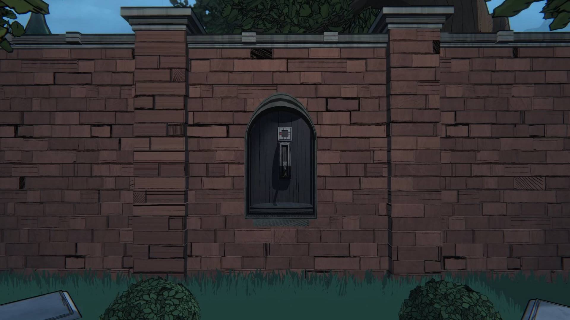 An antechamber lever embedded into a brick wall in the Secret Garden of Blue Prince.
