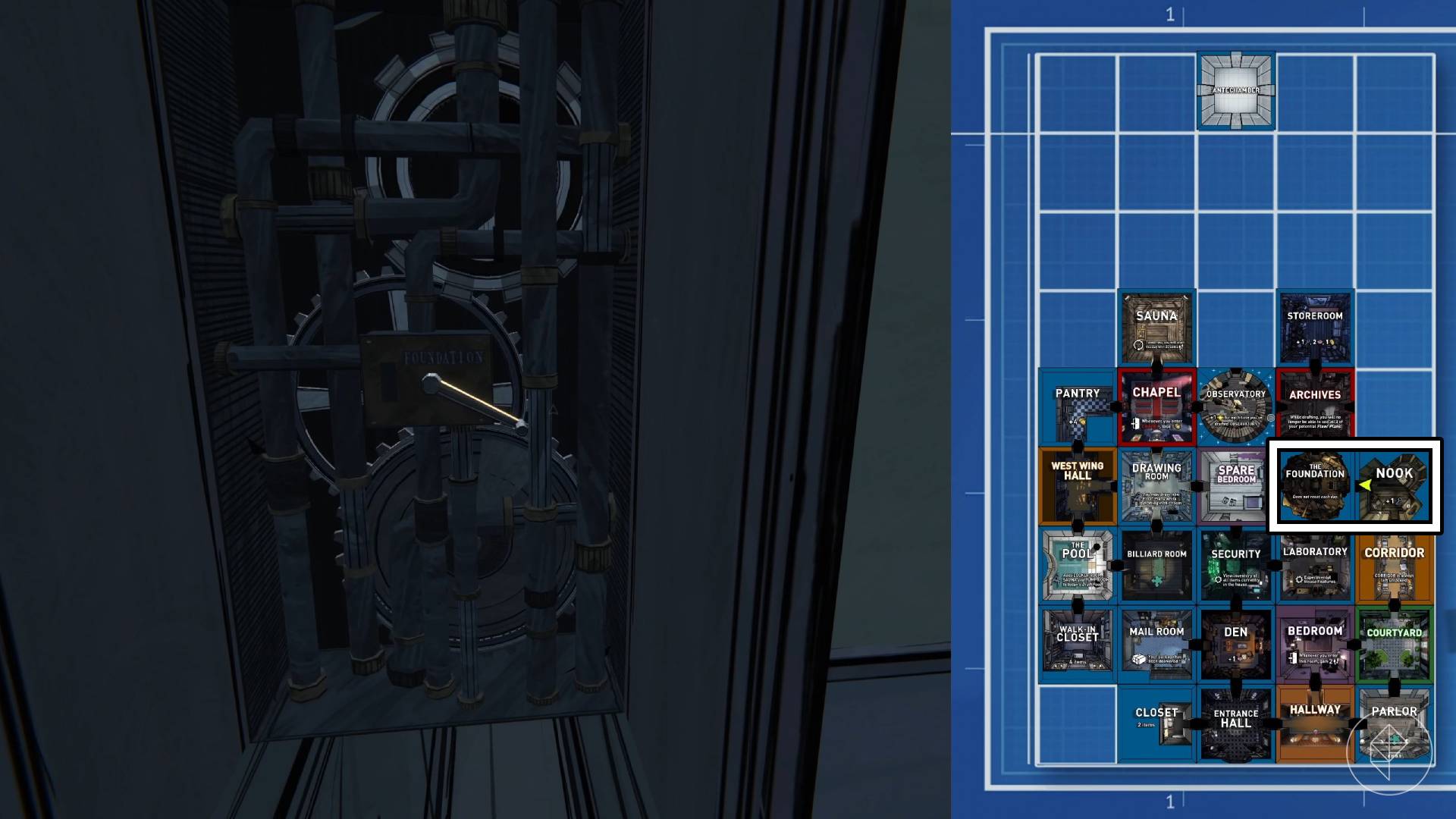 The elevator lever hidden on the back of the Foundation wall along with a map showcasing the connection.