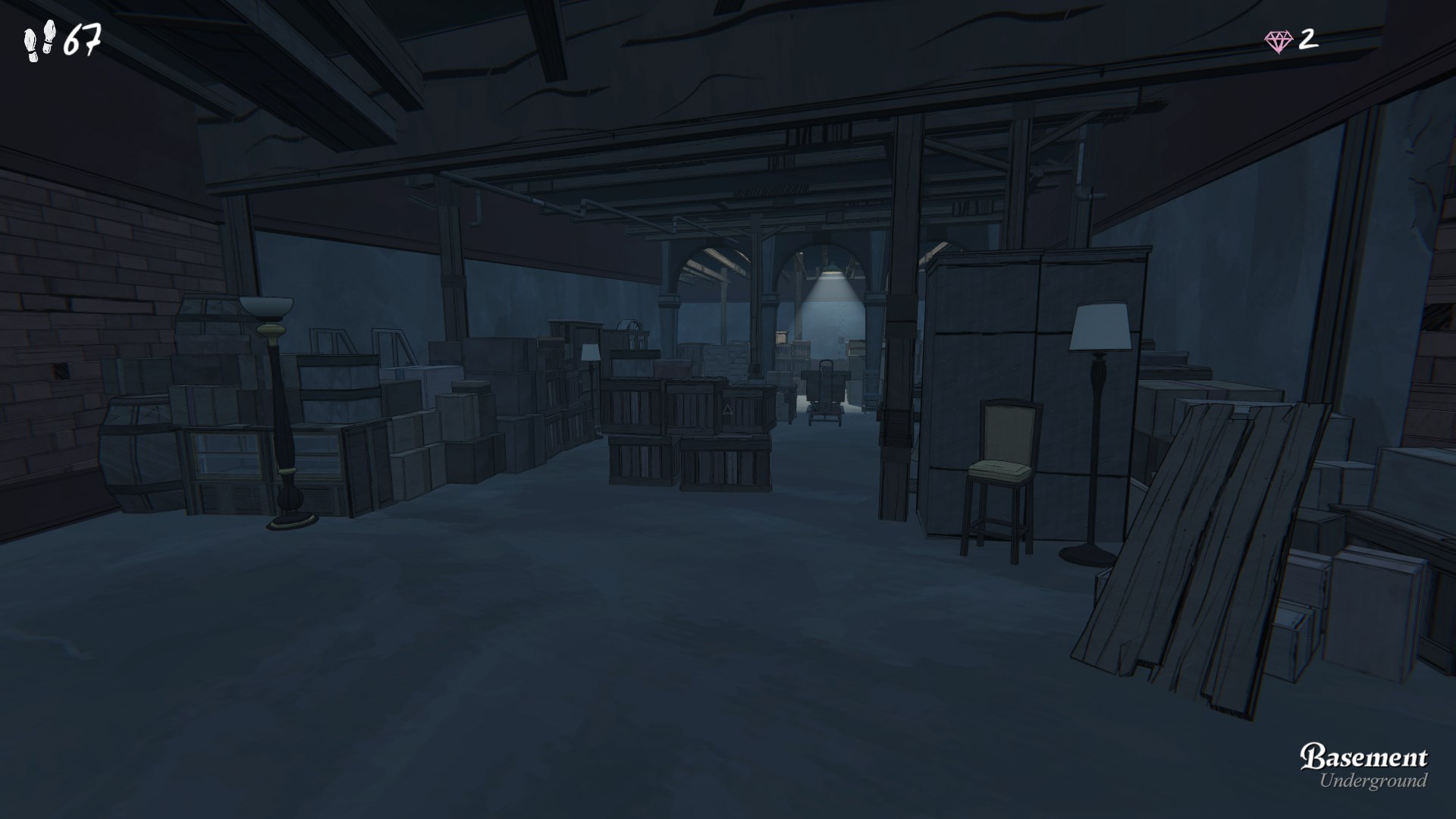 The basement full of boxes and furniture in Blue Prince.