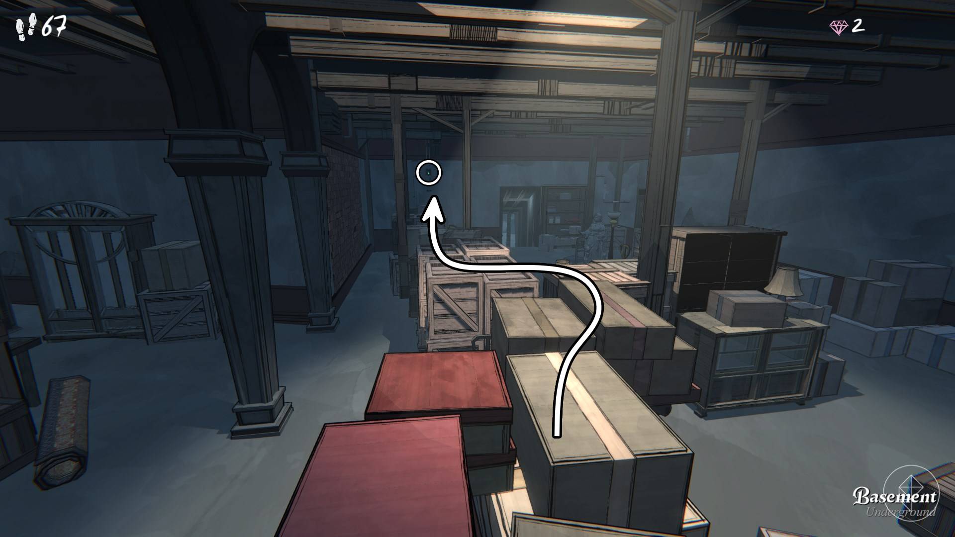 A bridge made out of boxes and jacklifts in the basement of Blue Prince.