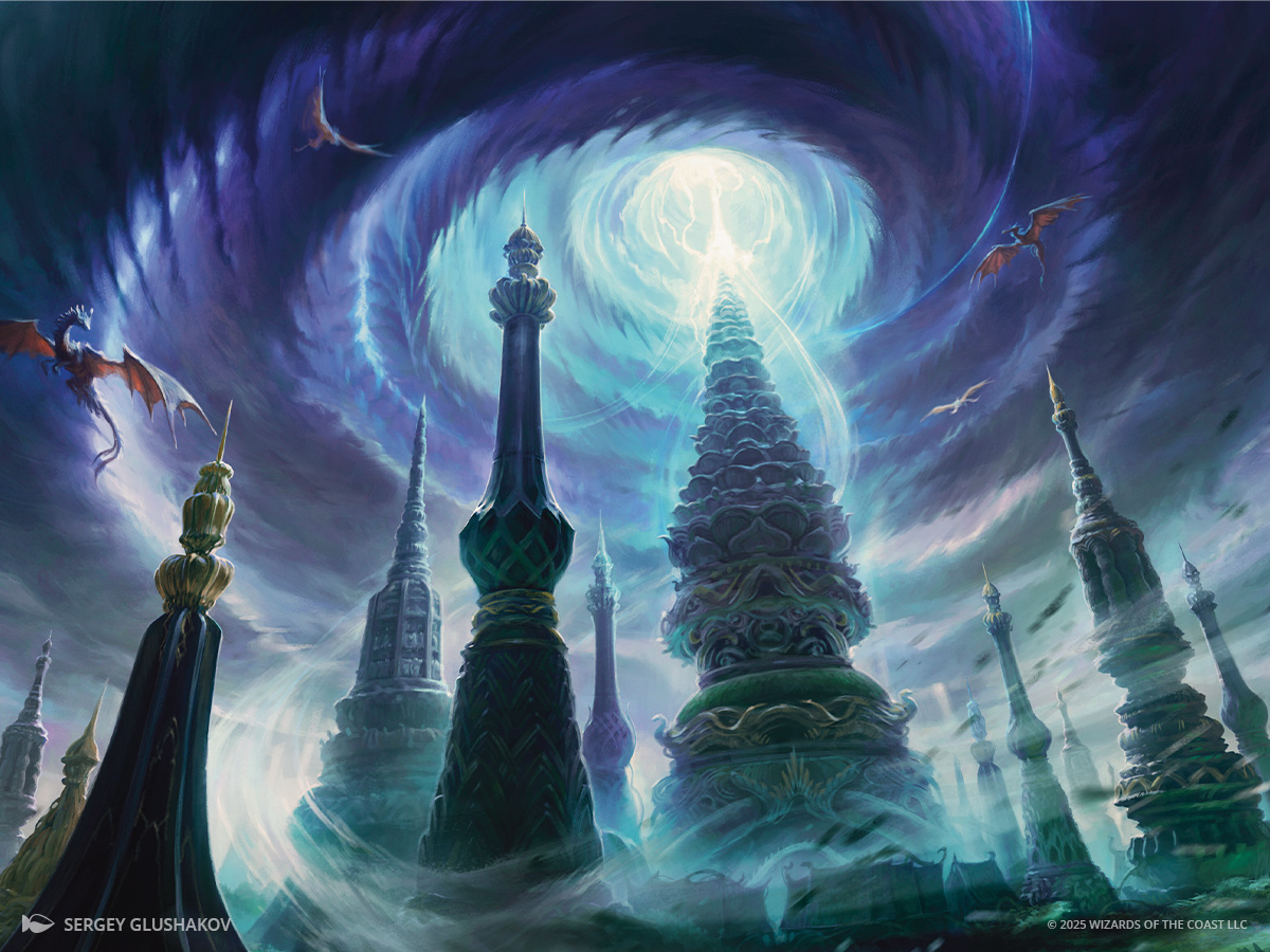 A literal storm of dragons descends from the sky, thick with purple clouds. Beams of blue light stream through.
