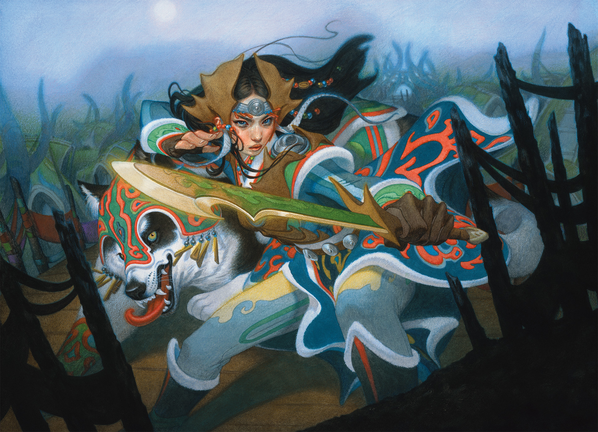 A woman in green, orange, and blue robes holds a bronze sword out, crouched low. Behind here is a large dog or cat wearing similarly colored armor.