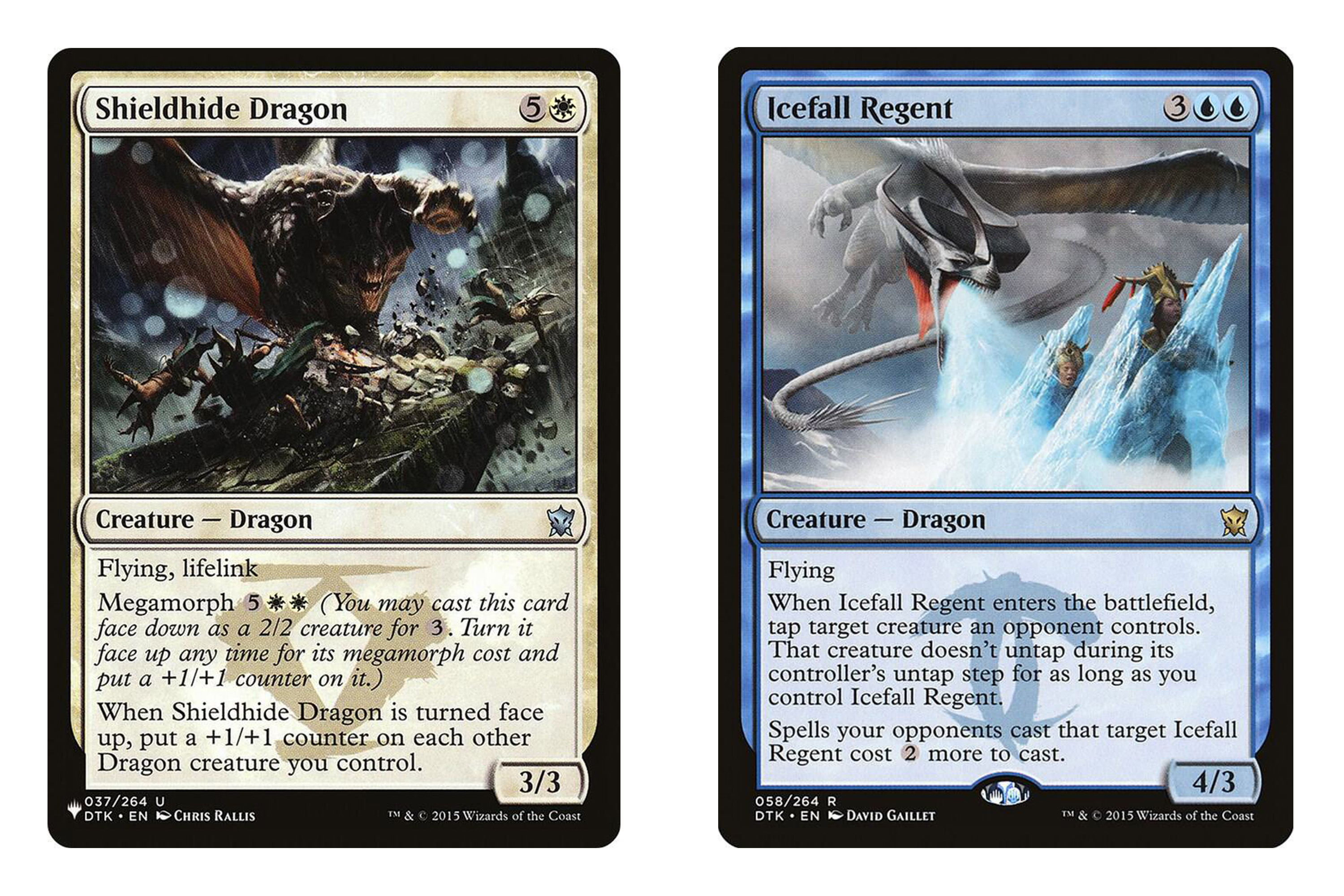 Shieldhide Dragon, a 3/3 dragon, and Icefall Regent, a 4/3 dragon. Both have emblems representing a Klan of Tarkir.