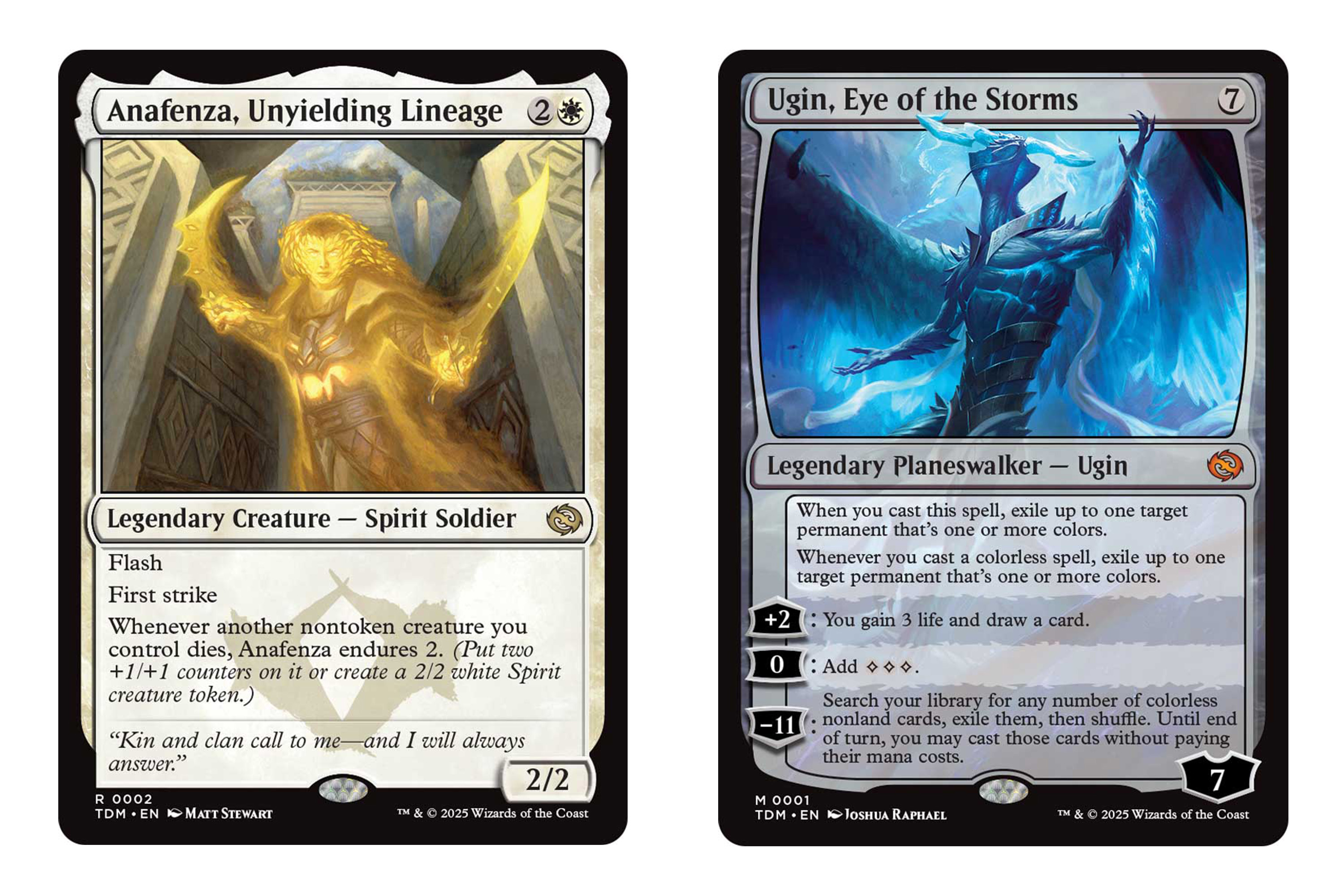 Anafenza, Unyielding Lineage, and Ugin, Eye of the Storms. The planeswalker has 7, while the legendary creature Anafenza is 3/3.