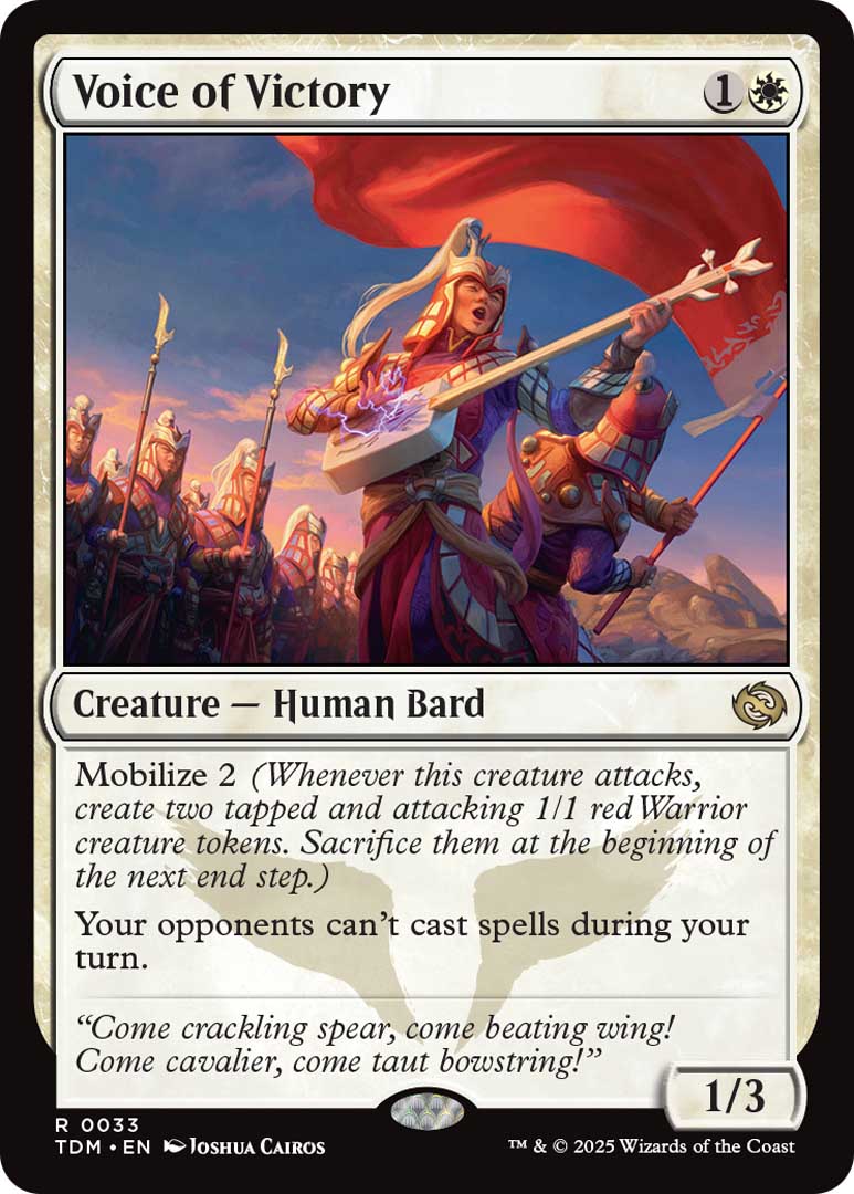 Voice of Victory is a creature, a human bard, with 1 and a white mana. It’s 1/3, with several other powers.