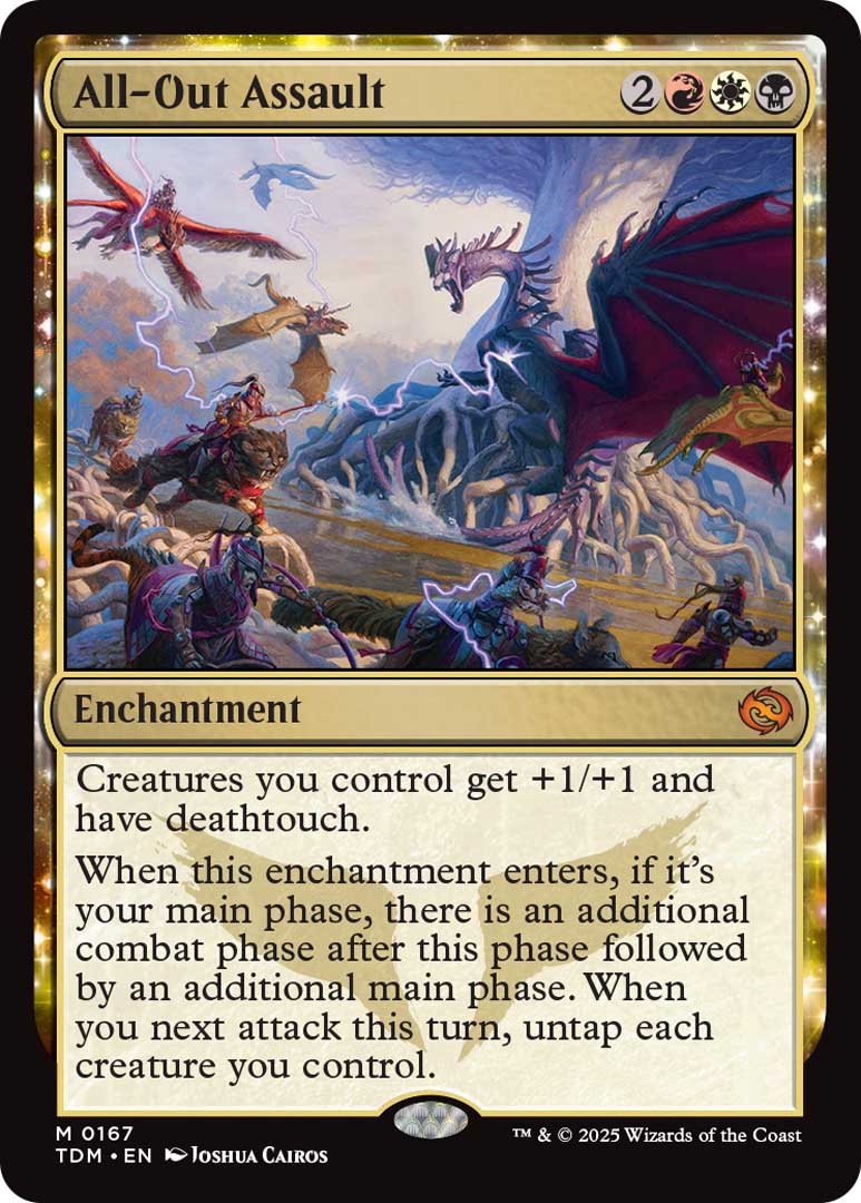 All-out Assault is an enchantment with 2, a red, white, and black mana. It has various powers, including granting an additional combat phase,.