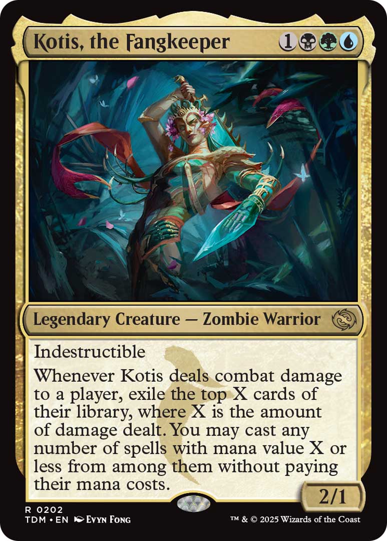 Kotis, the Fangkeeper is a legendary creature, a zombie warrior, with indestructible and other powers.