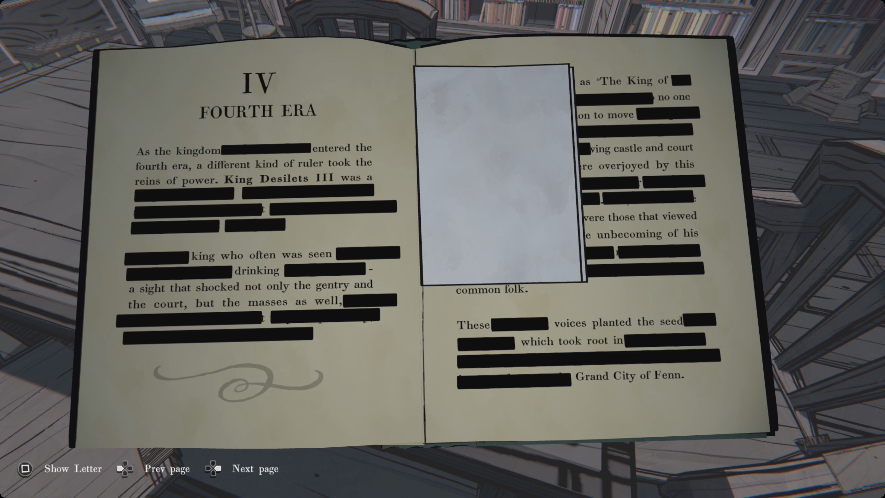 A screenshot from Blue Prince depicting a book with lots of redacted, blacked-out text