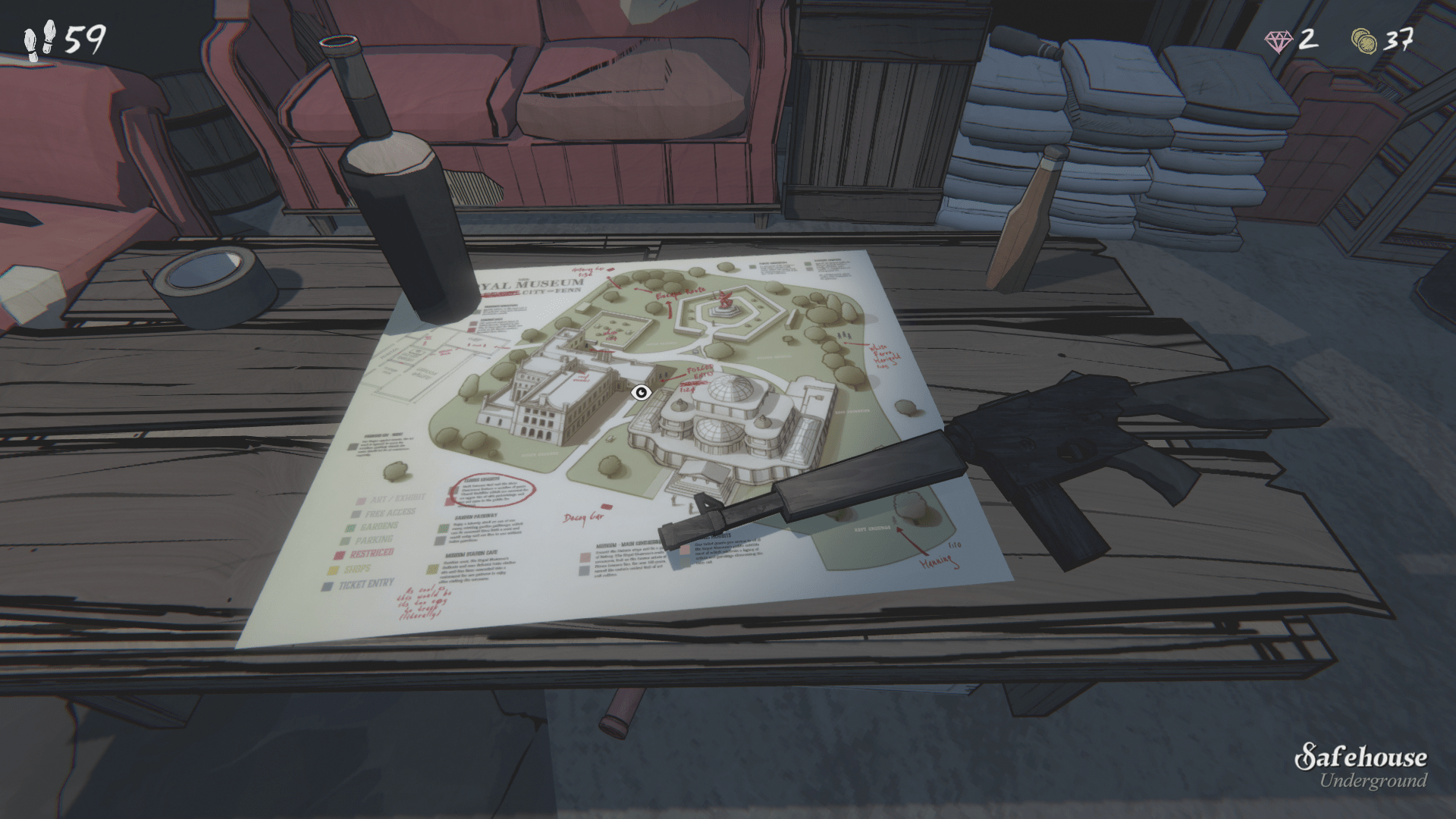Blue Prince Safehouse clues with a map and a gun
