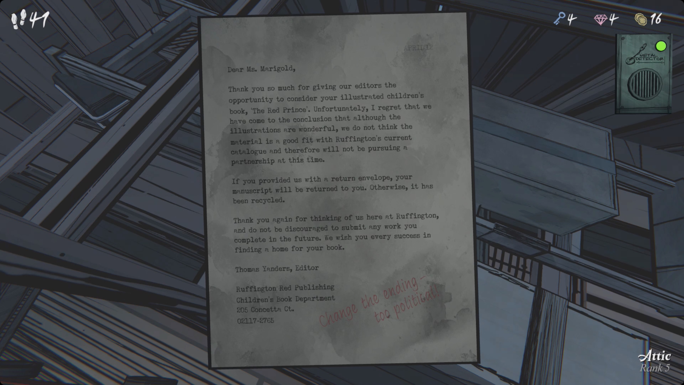 The Red Prince rejection letter from Blue Prince