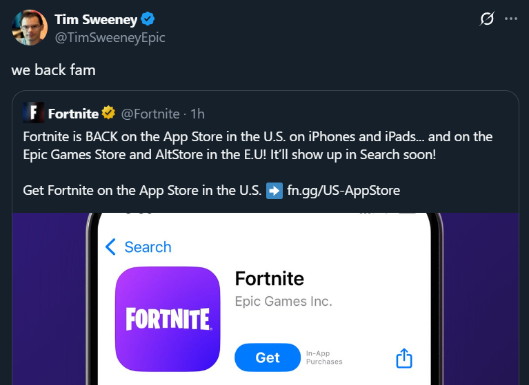 Tim Sweeney: we back fam